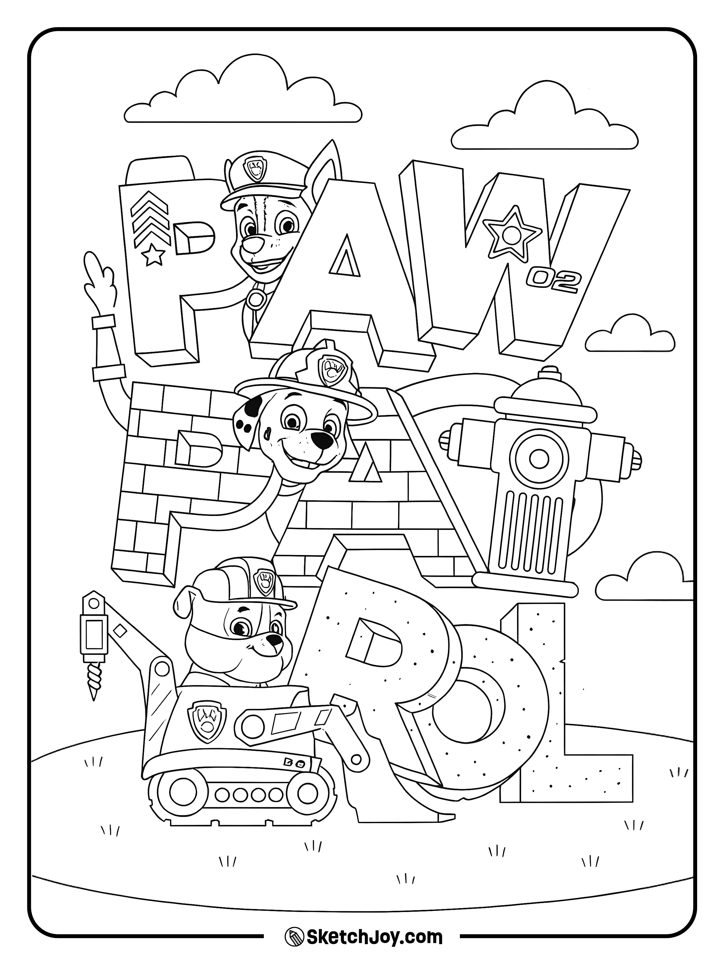 Chase, Marshall, and Rubble appear around big block letters that spell PAW PATROL