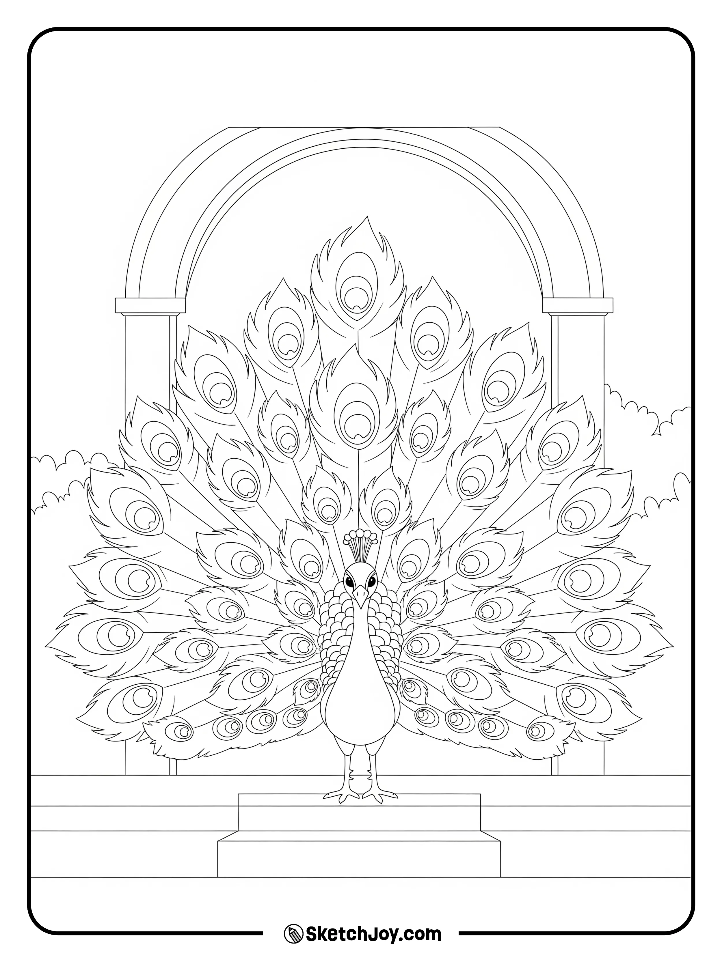 A proud peacock shows its wide tail.