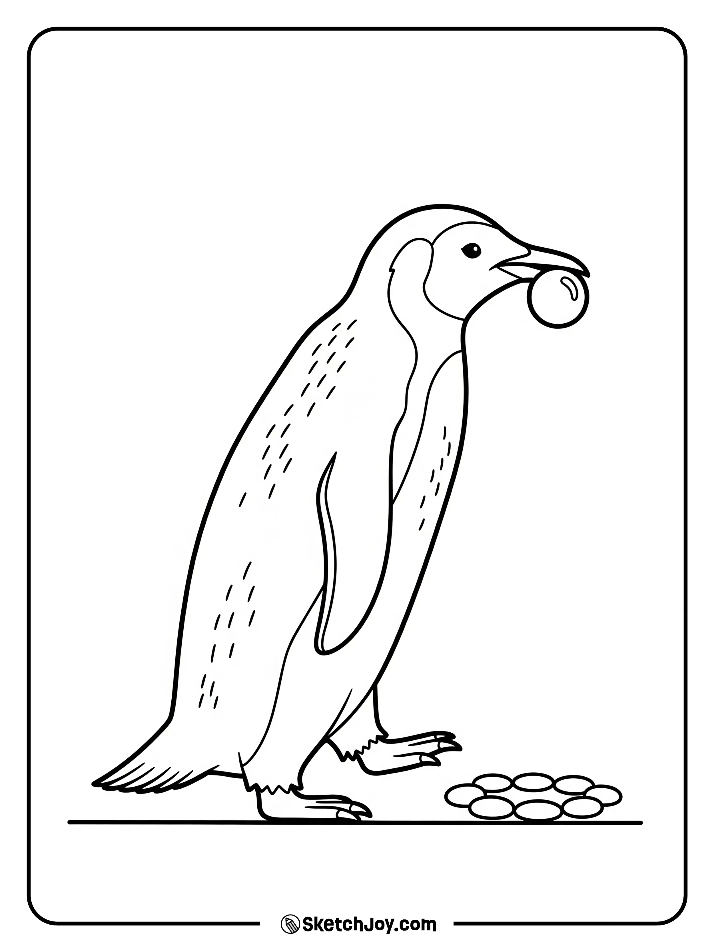 A penguin carries a pebble to a neat nest ring.