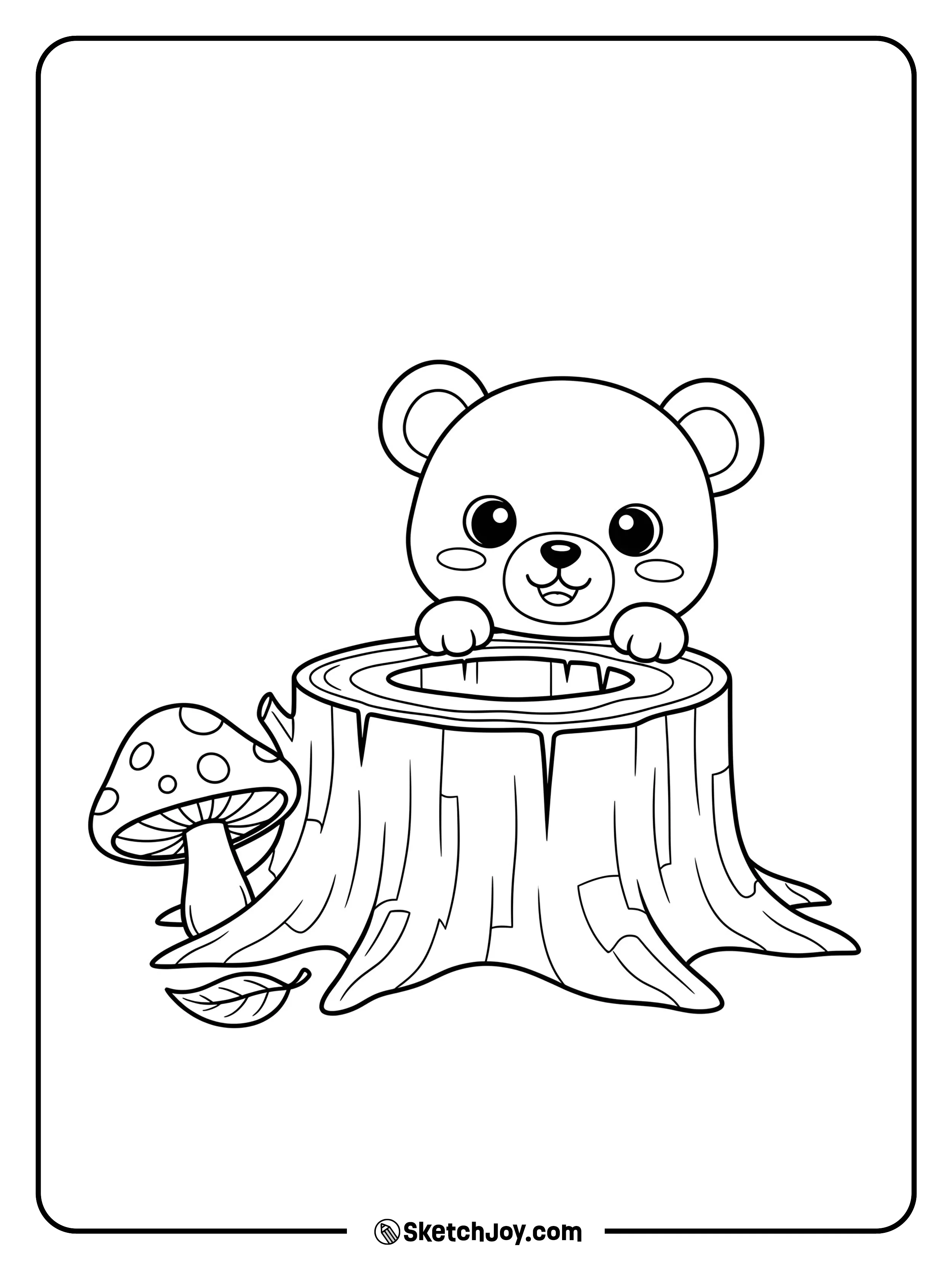 A kawaii bear peeks from behind a hollow stump with a sweet smile.