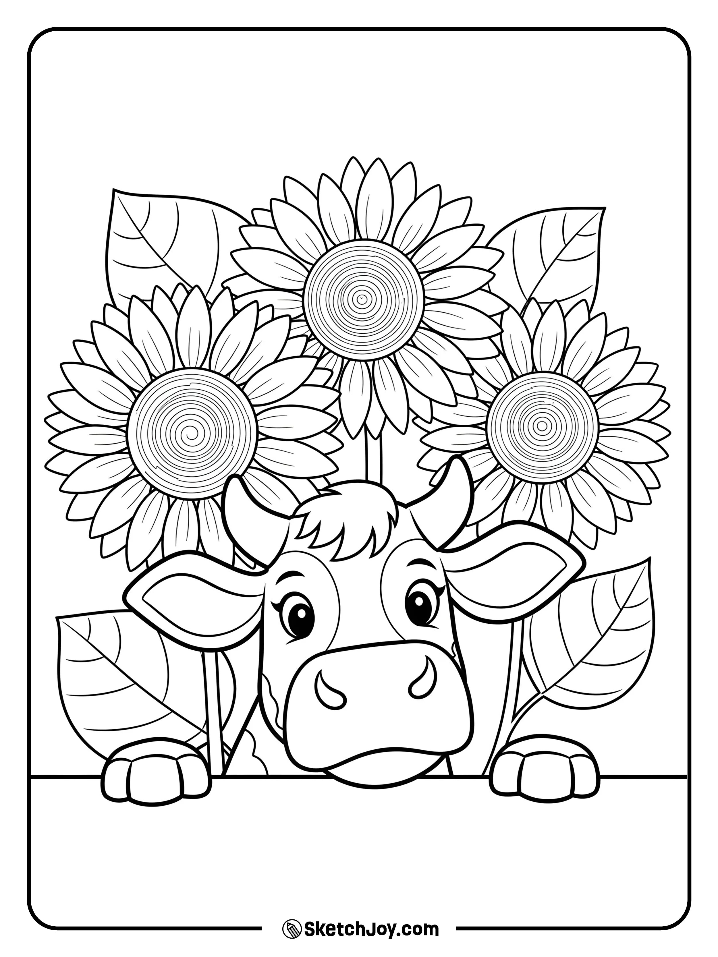A curious cow pokes her head between tall sunflowers.