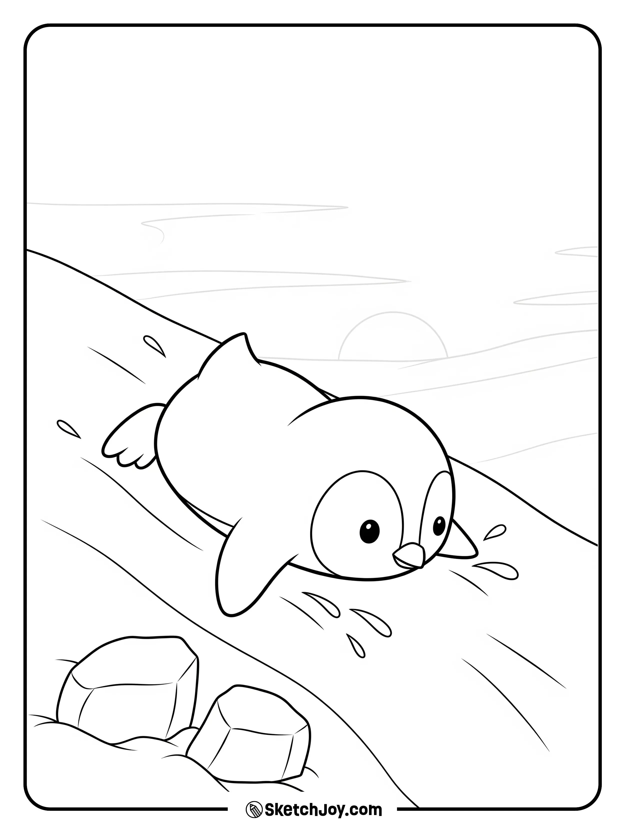 A happy penguin slides on smooth ice.