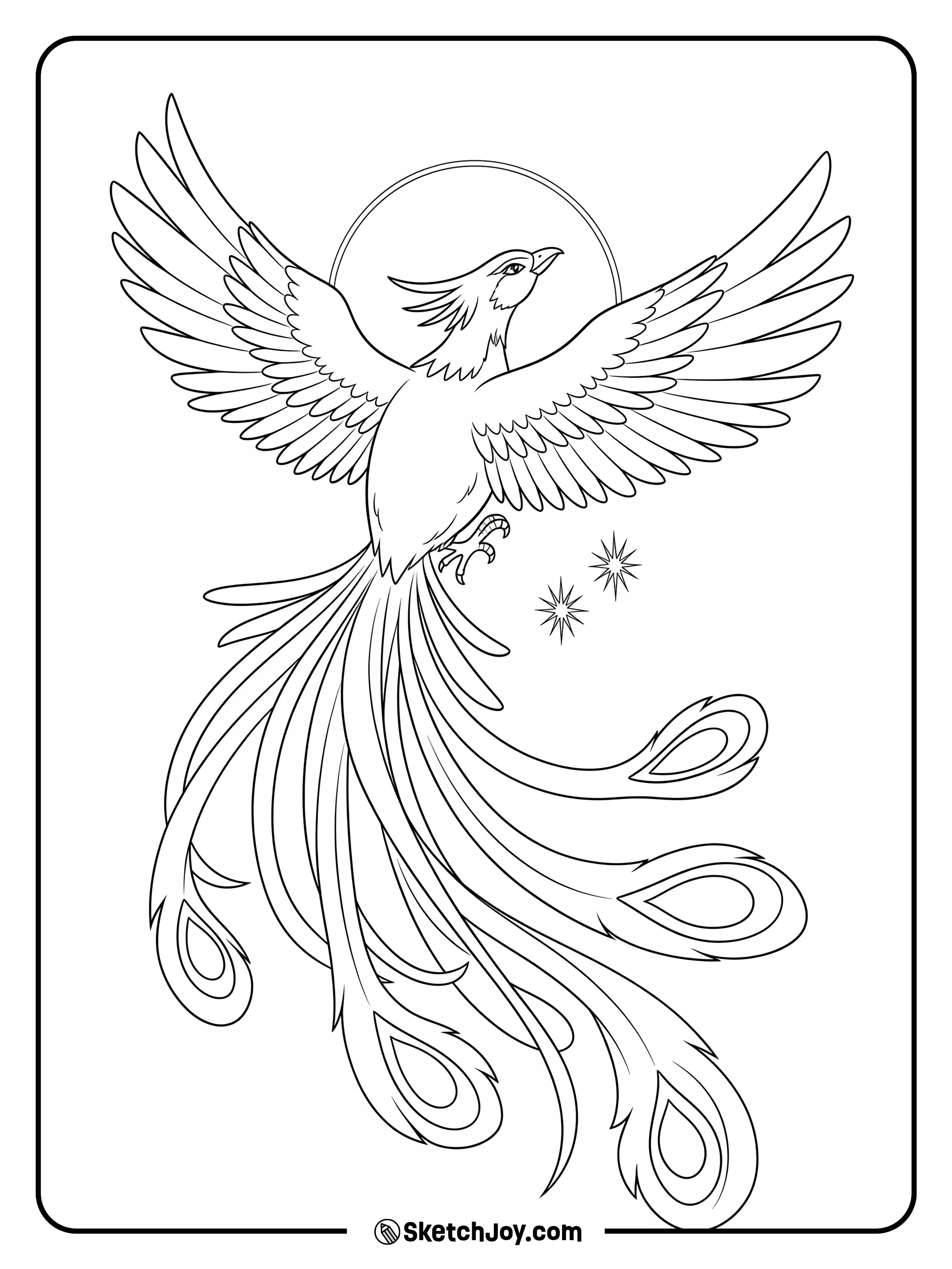 A myth bird rises with flowing lines.