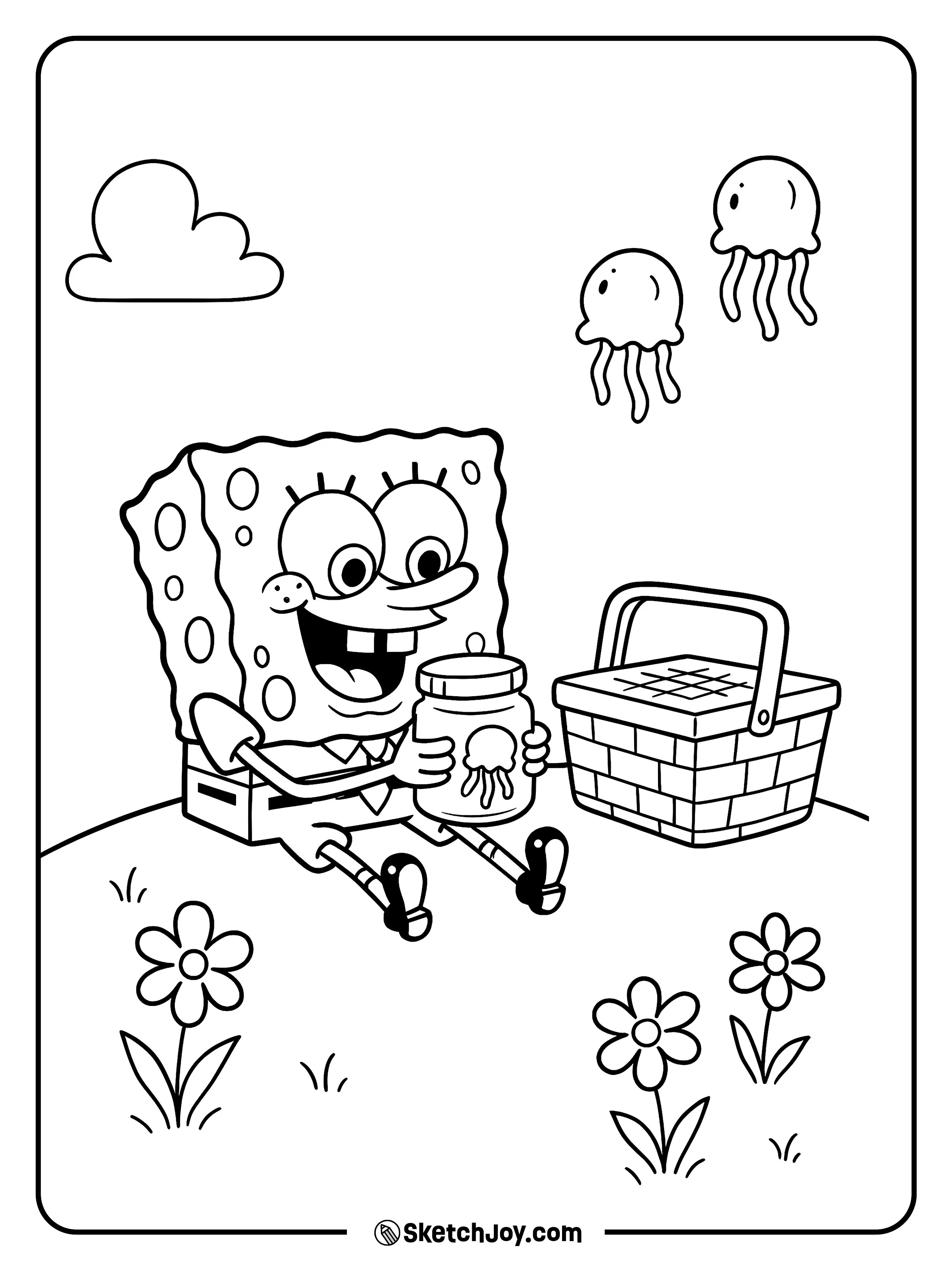 SpongeBob lays a blanket on a small hill and opens a jar.