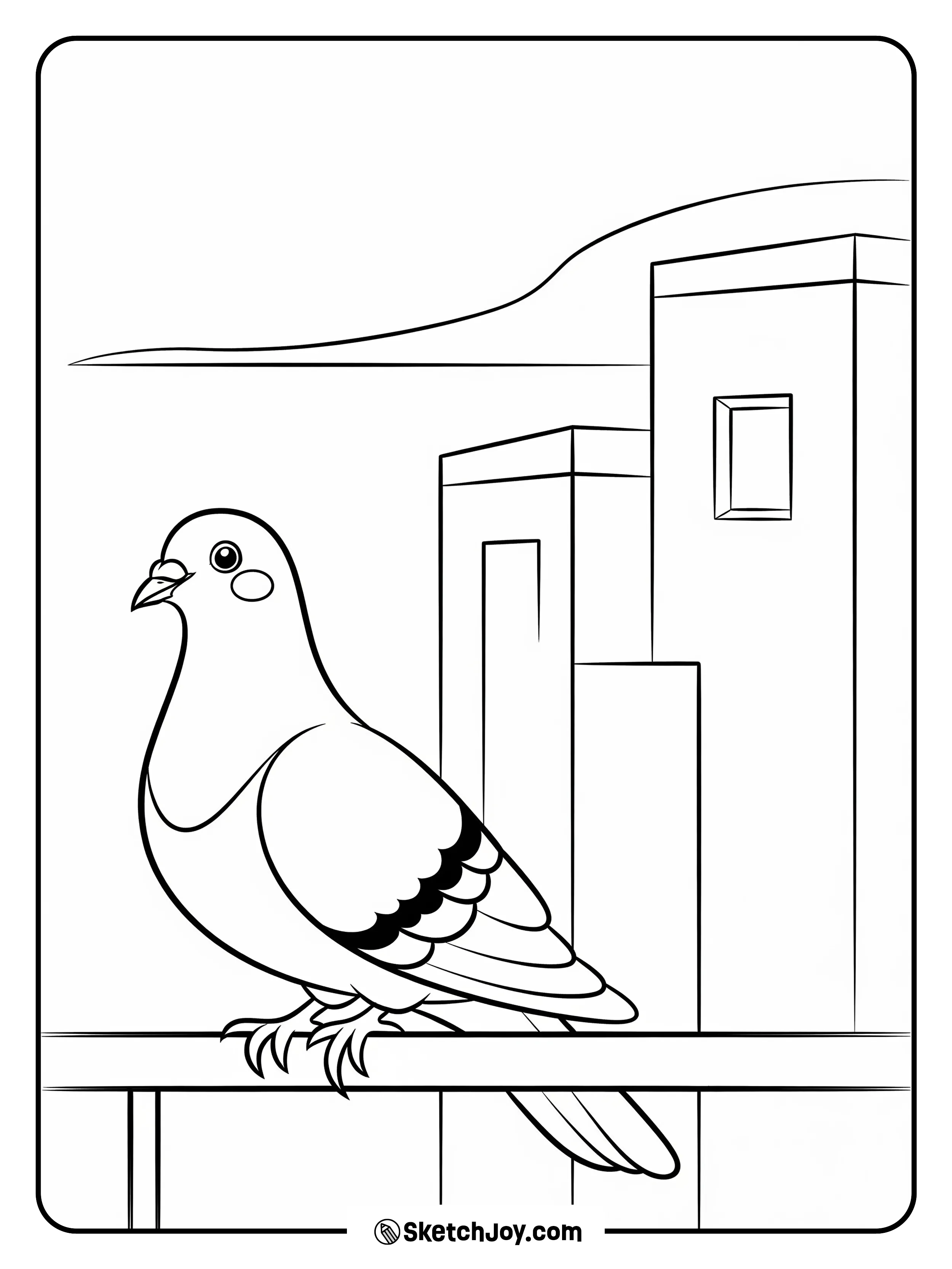 A city pigeon rests on a rail.