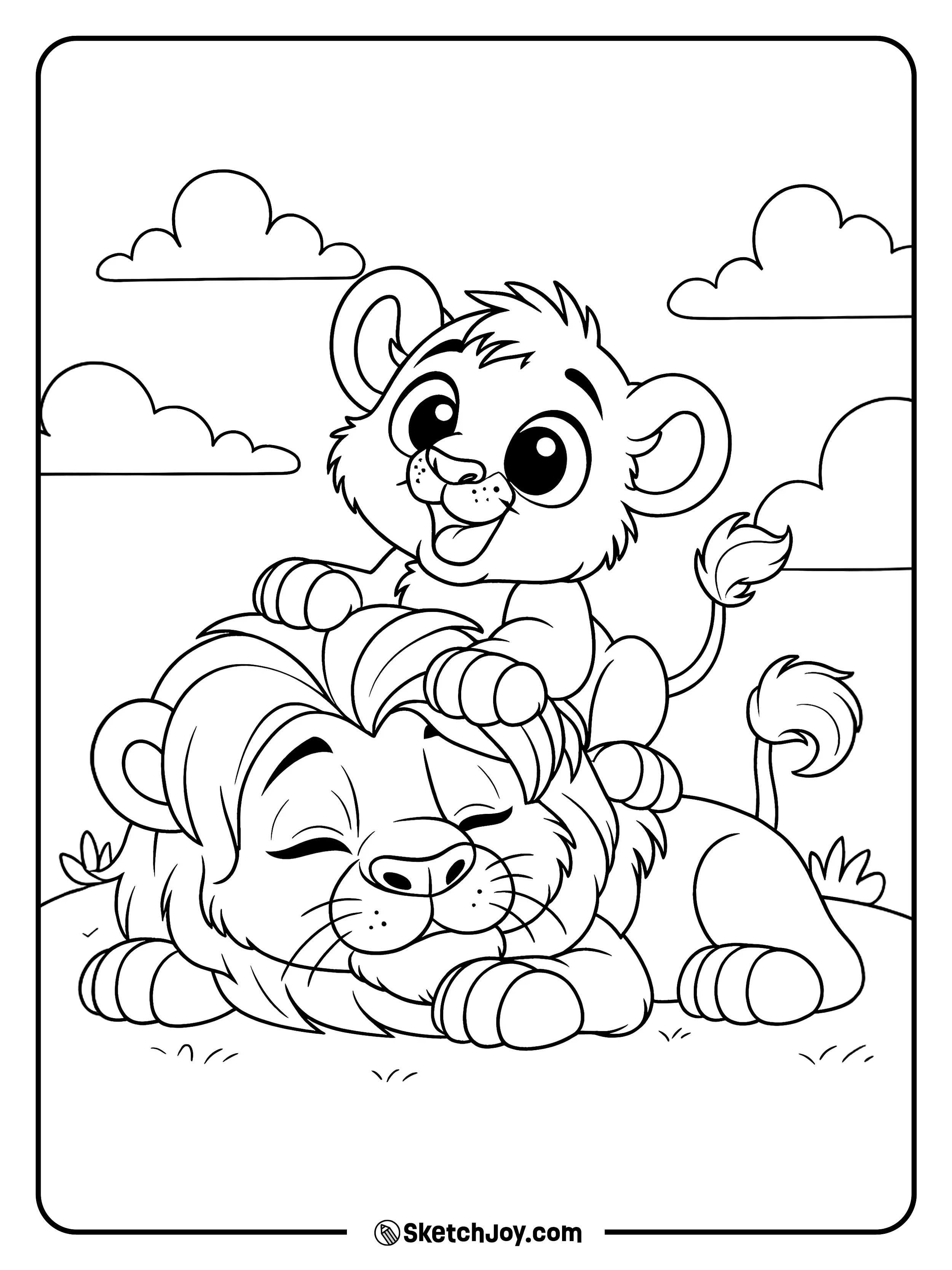 A cheerful cub perches on a dozing adult’s mane while soft clouds drift over a quiet field.