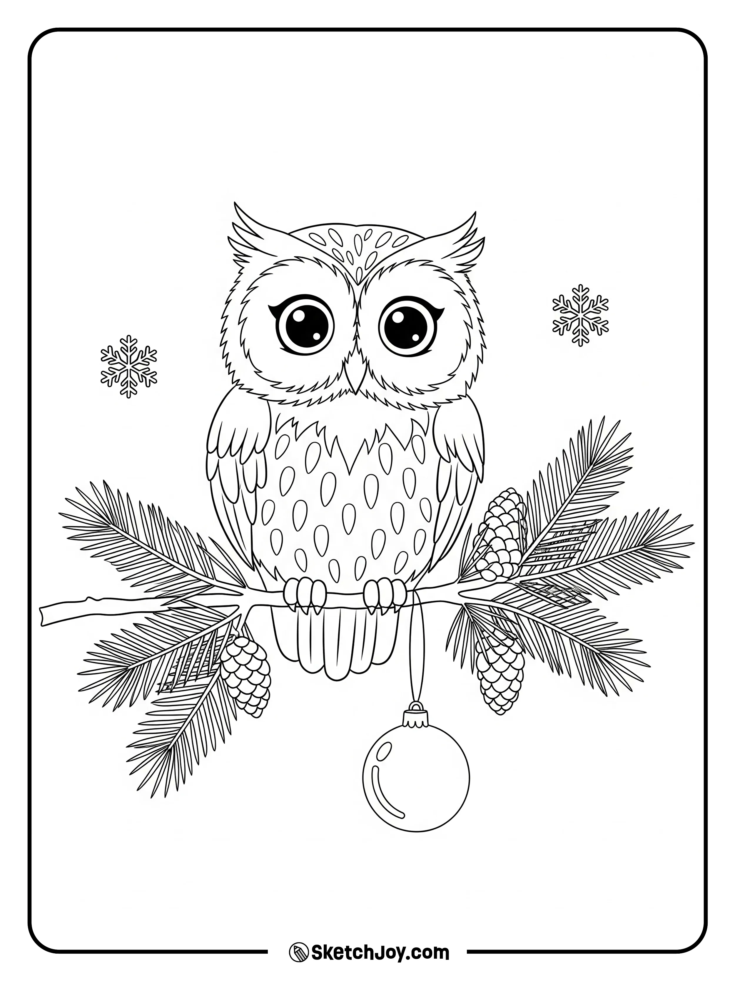 An owl sits on a pine bough with one ornament hanging nearby.