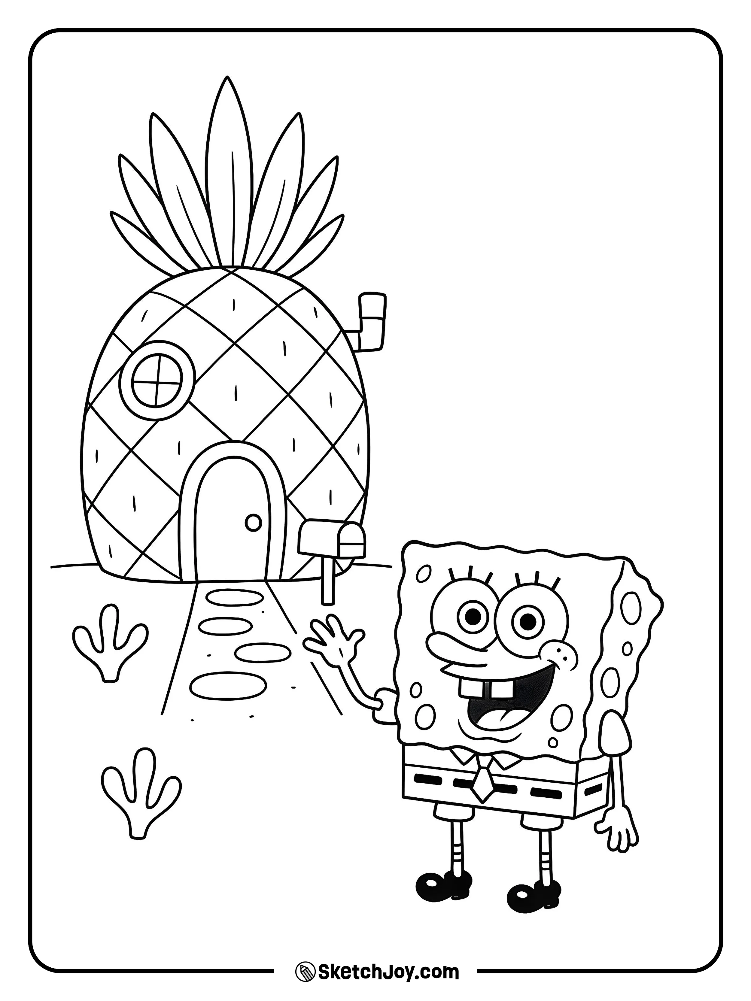 SpongeBob waves outside his pineapple home beside the mailbox.