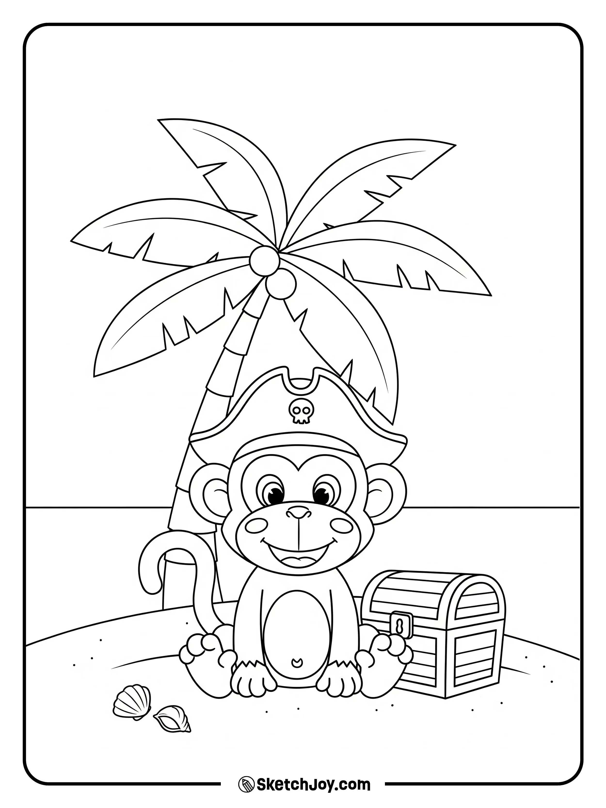 A cheeky monkey wears a pirate hat and stands by a chest.