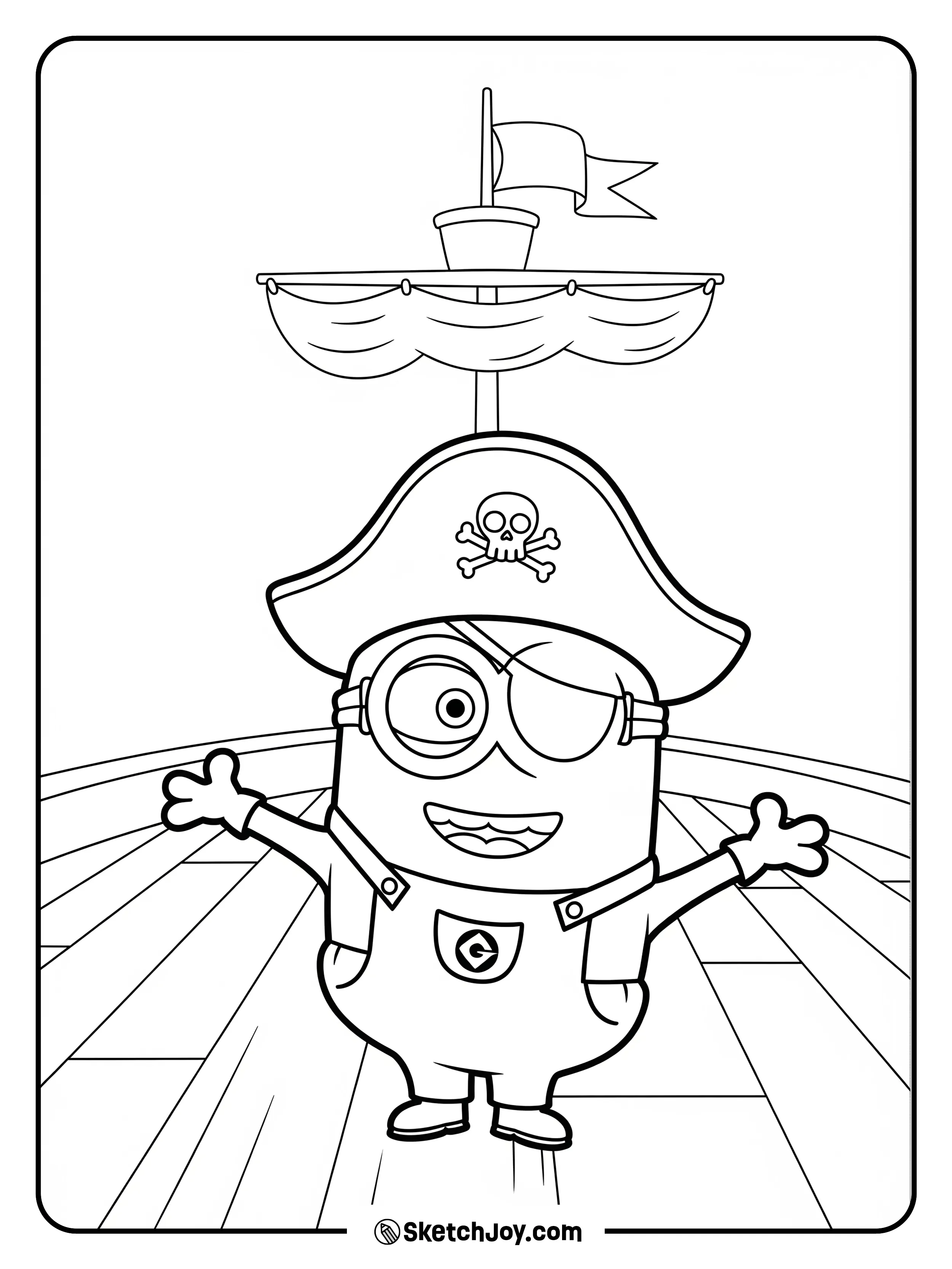 A Minion in a pirate hat stands on a ship deck with one mast and a small flag.