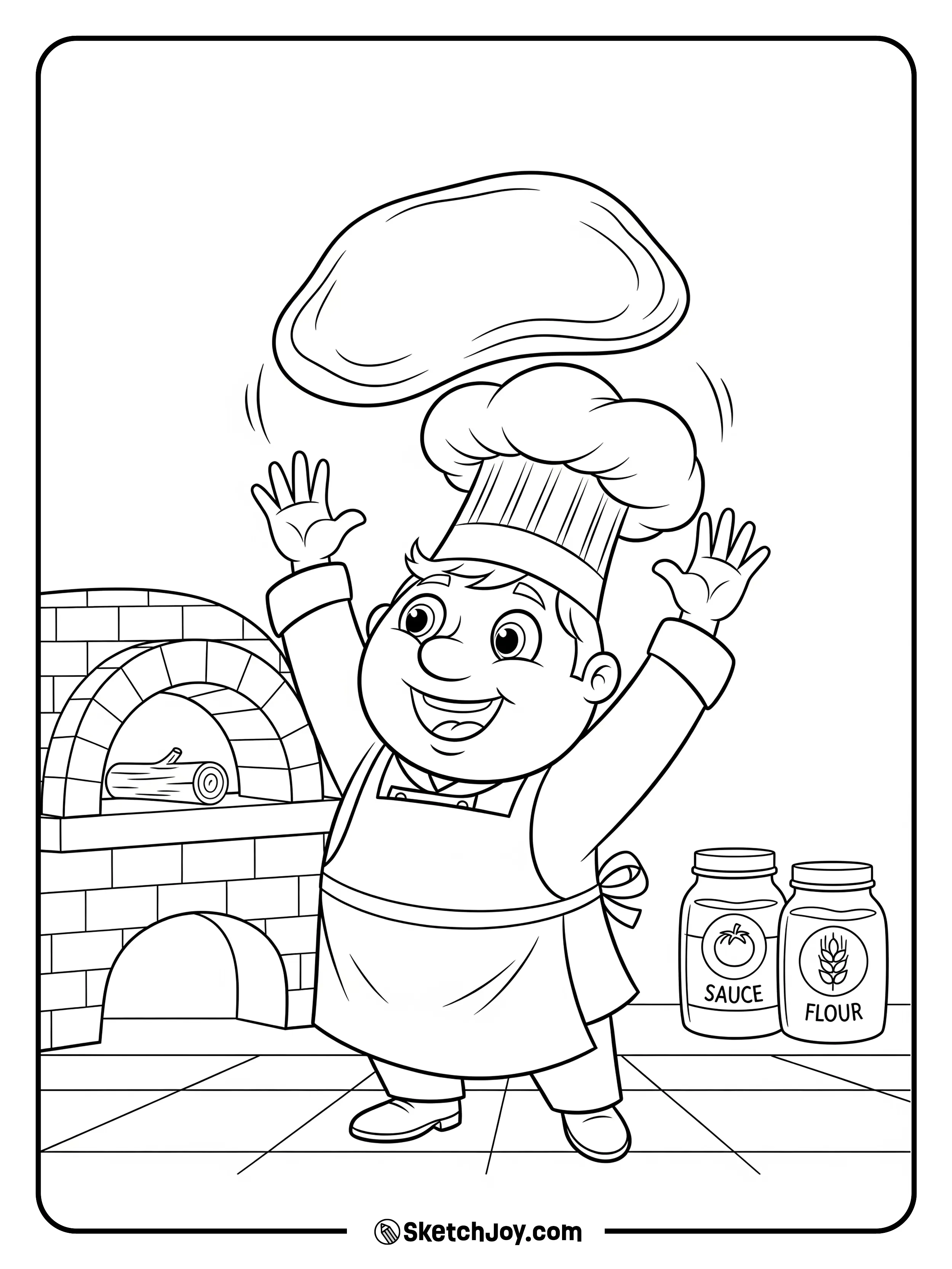A friendly chef flips dough high in the air.