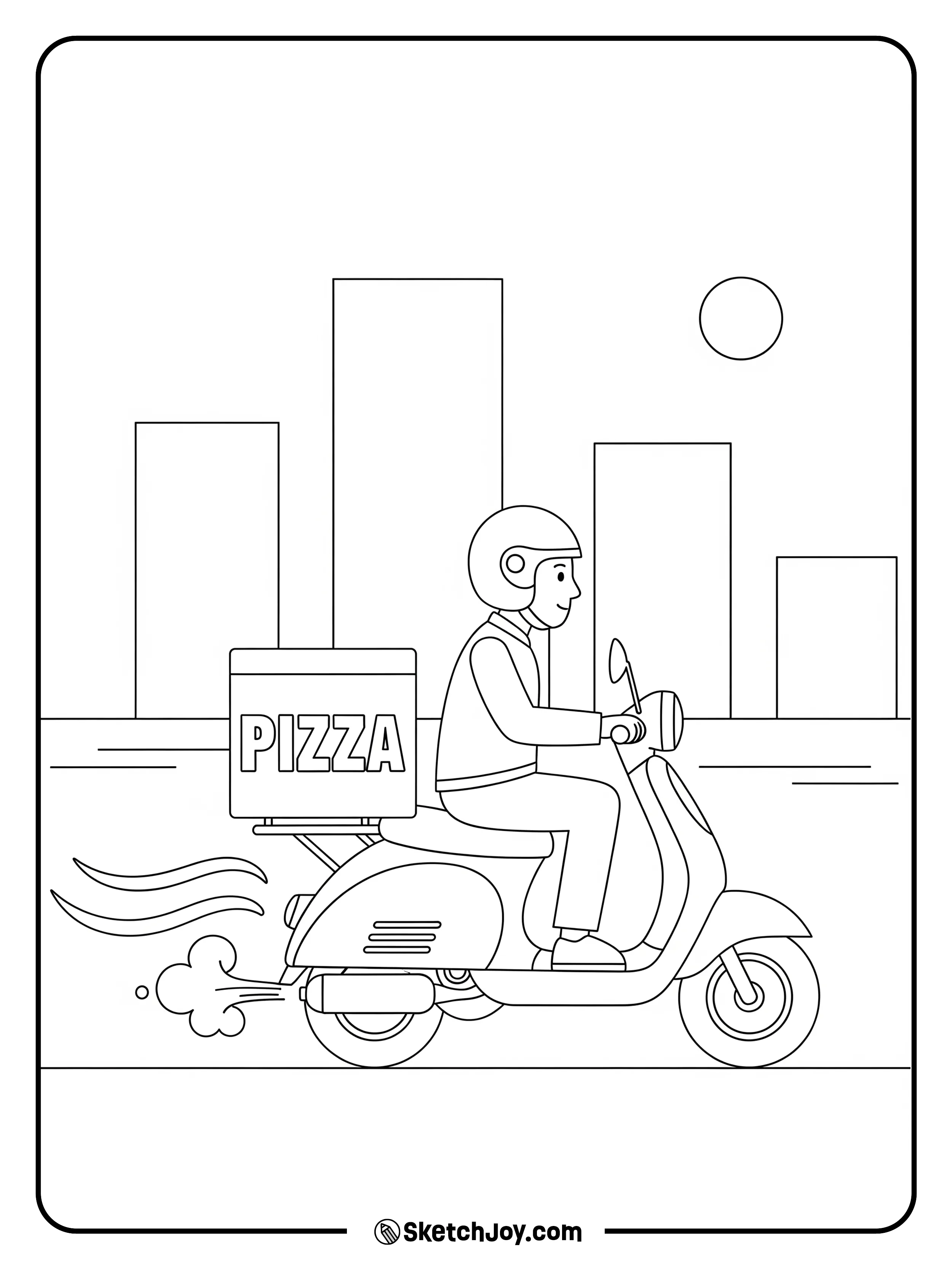A rider on a scooter with a box marked “PIZZA.”