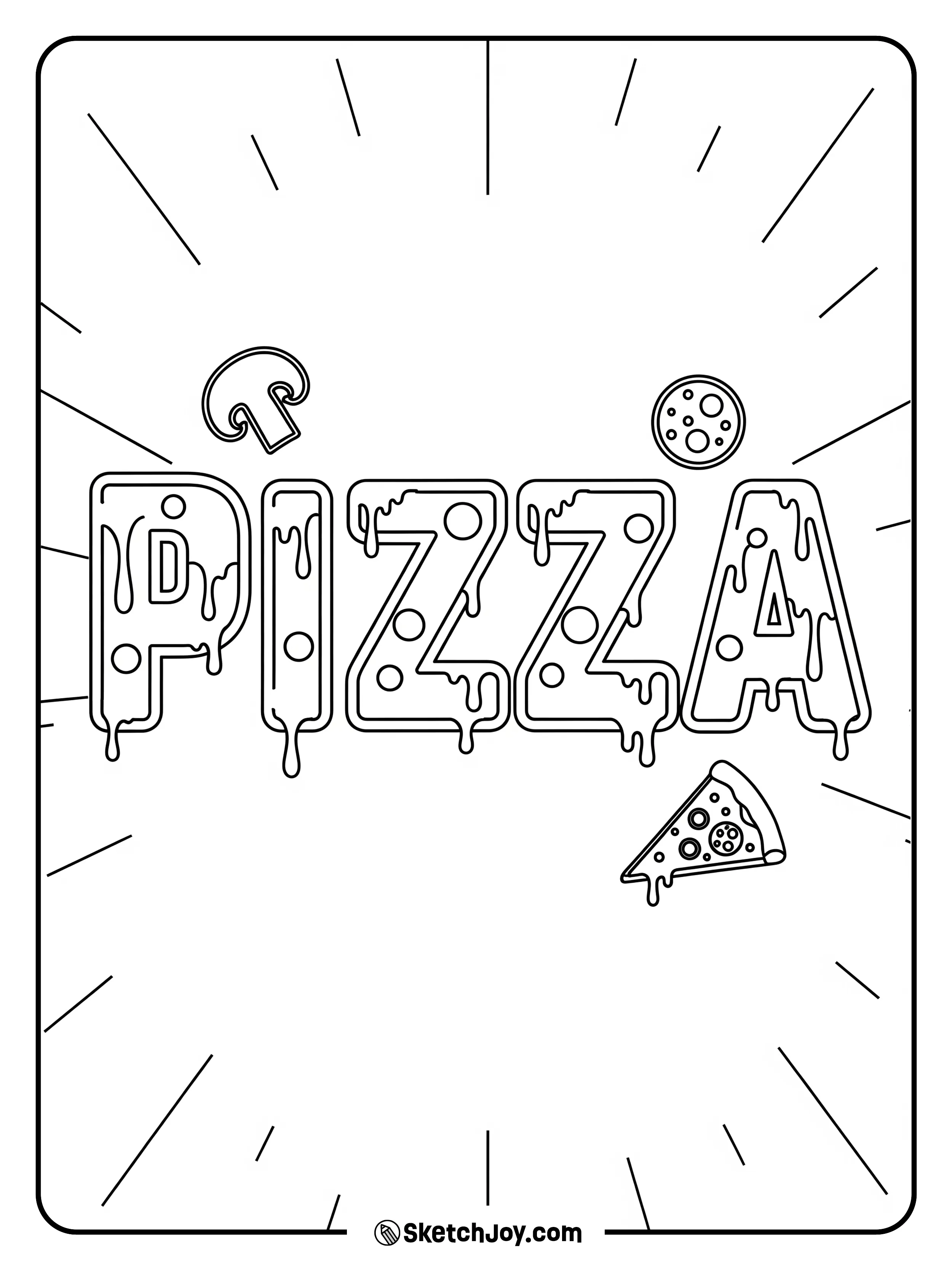 Bold “PIZZA” letters shaped like slices.