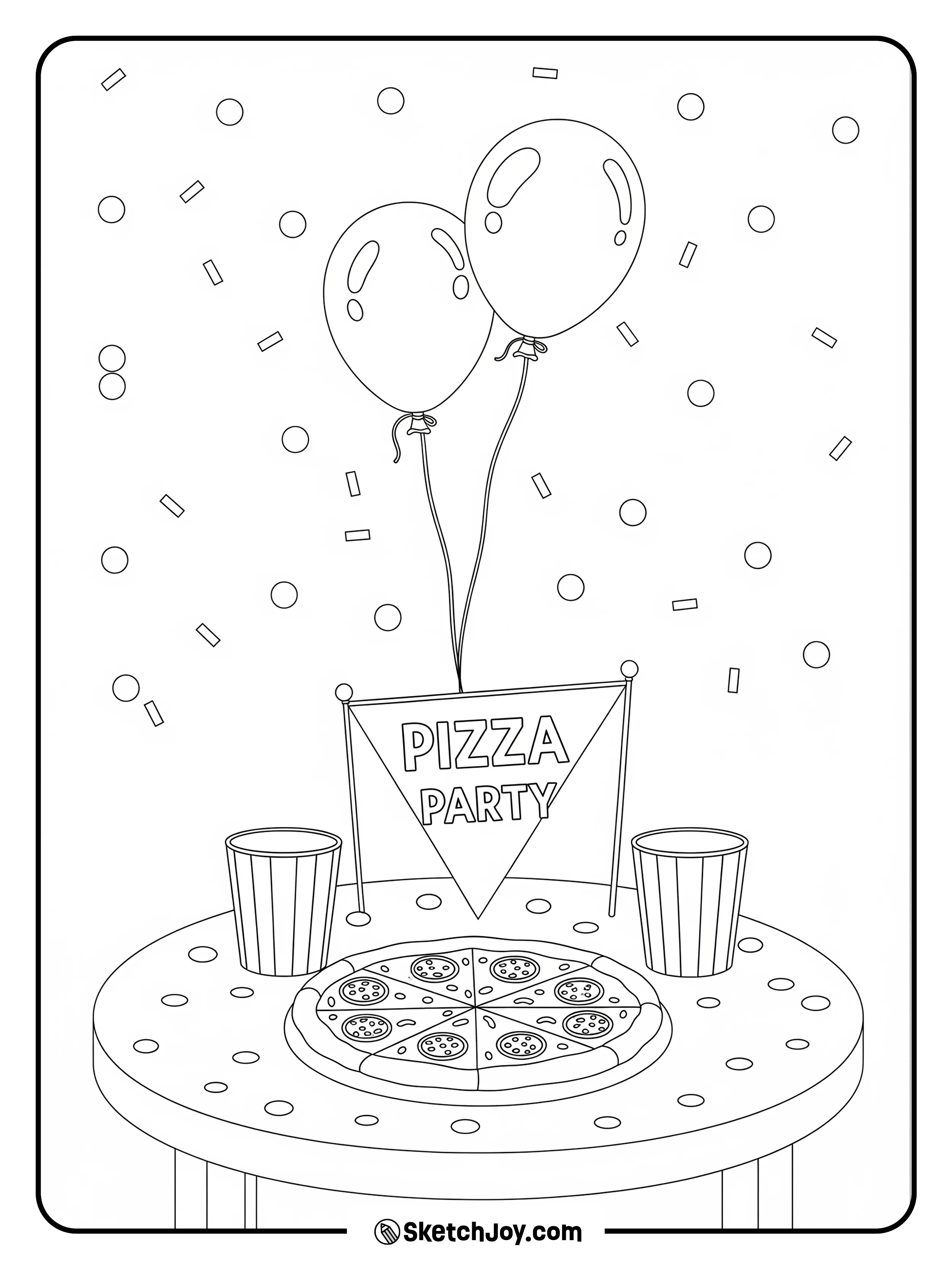 A simple party setup with a pie, cups, and a banner.