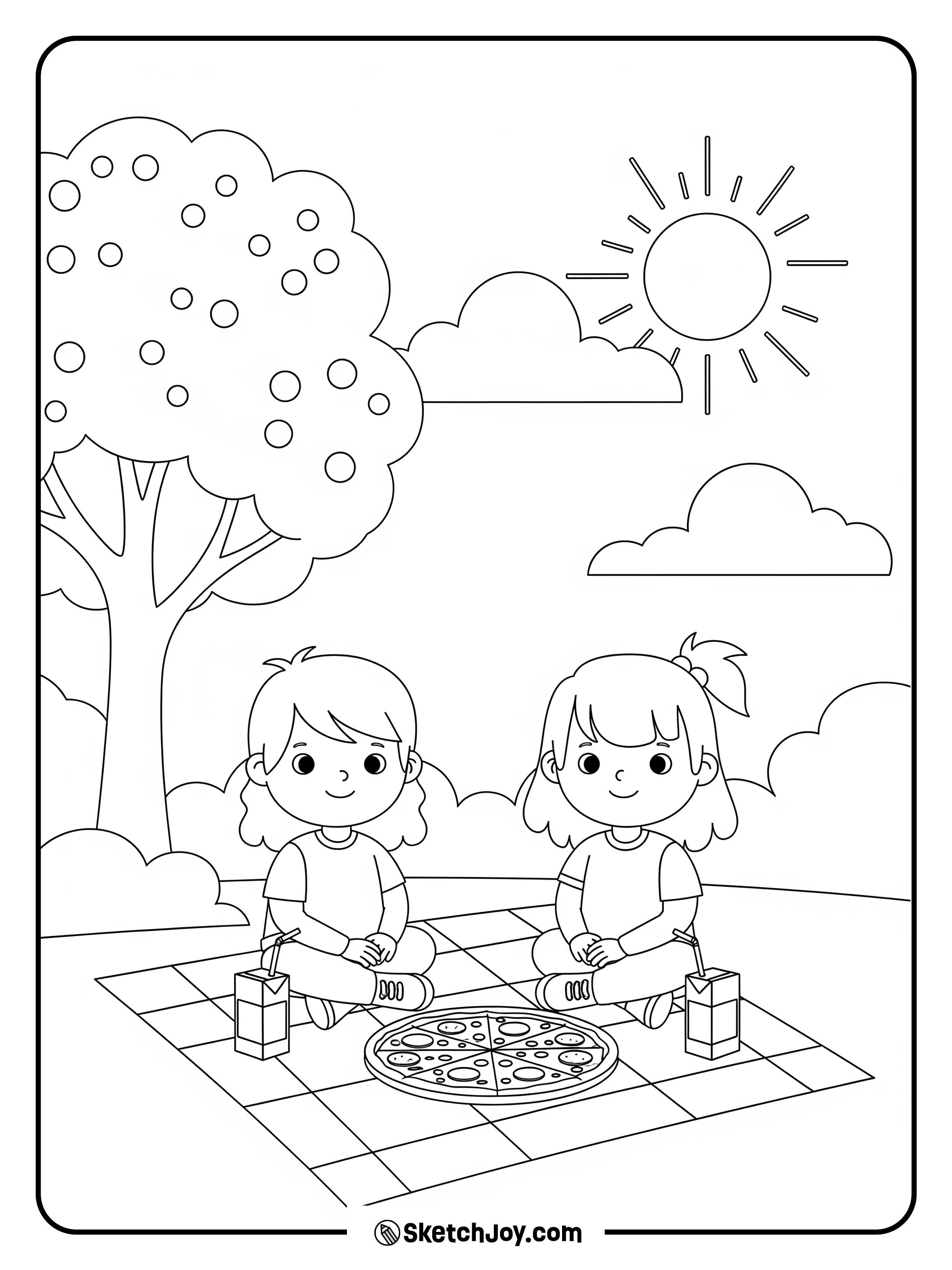 Two kids share a pie outdoors.