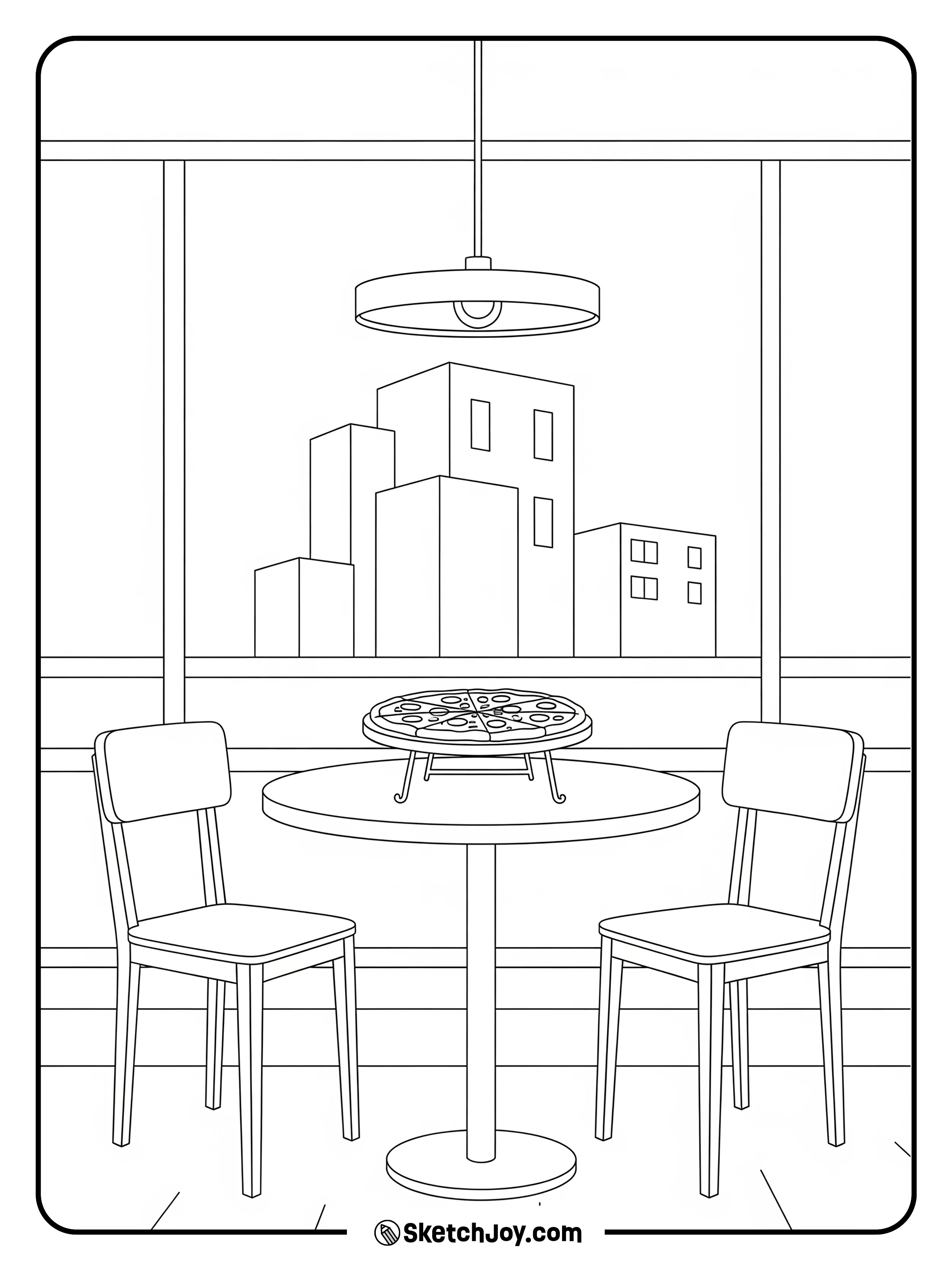 A round table by a window shows a pie and two chairs.