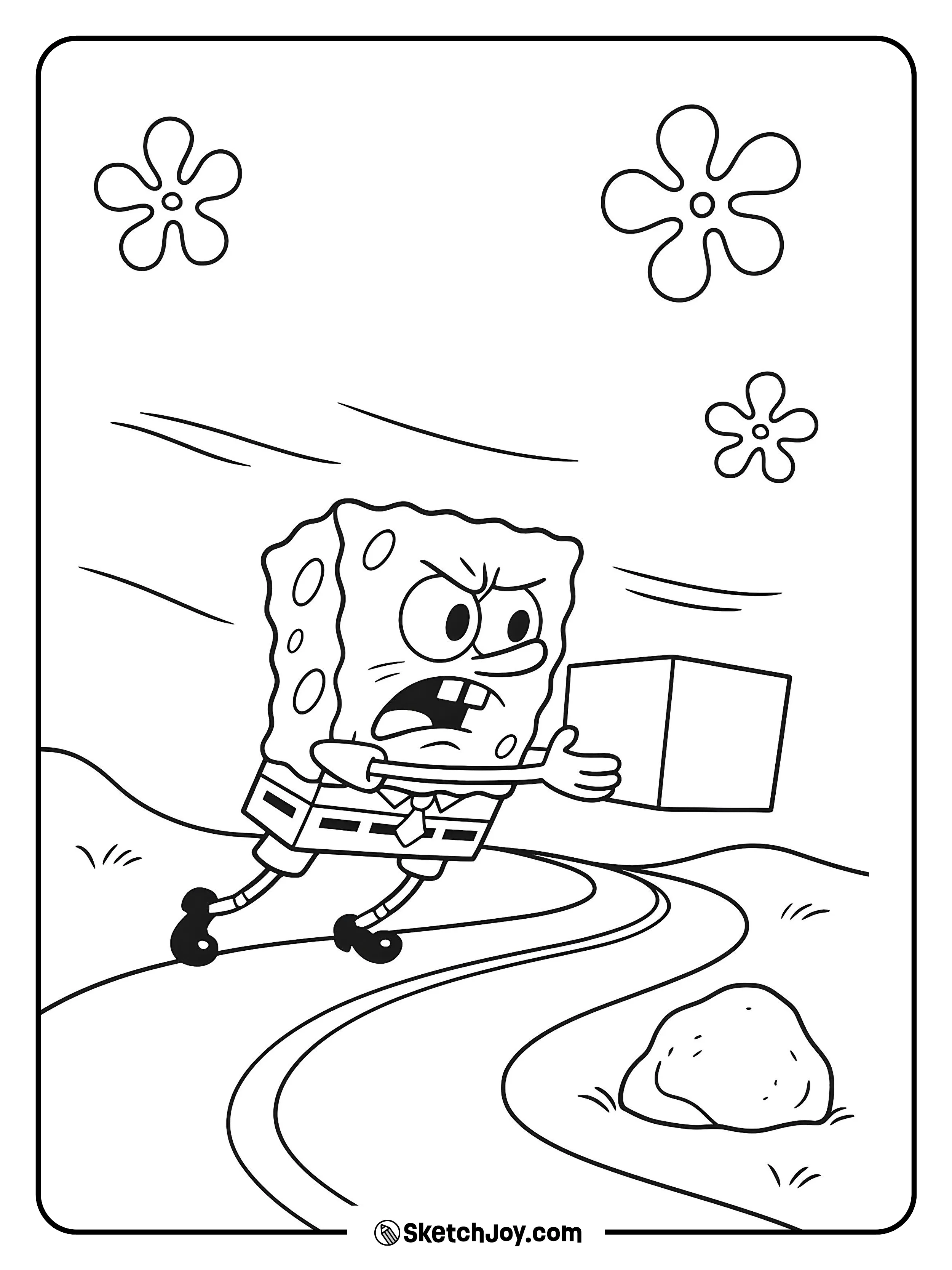 SpongeBob holds a pizza box against the wind.