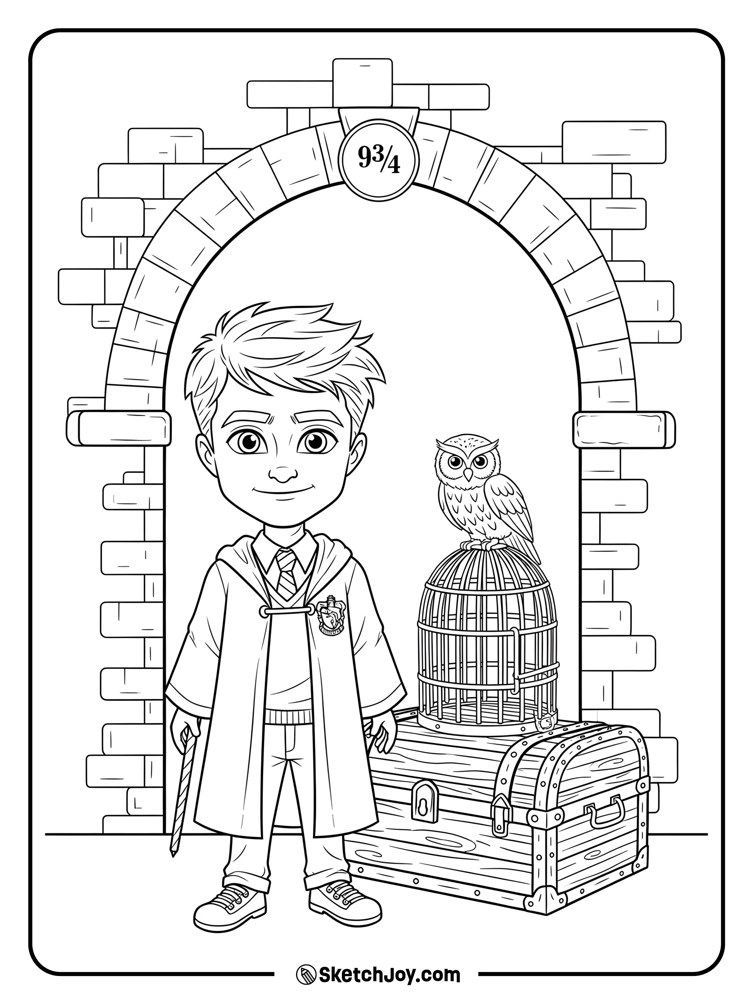 Harry stands with his trunk as steam curls near the train.
