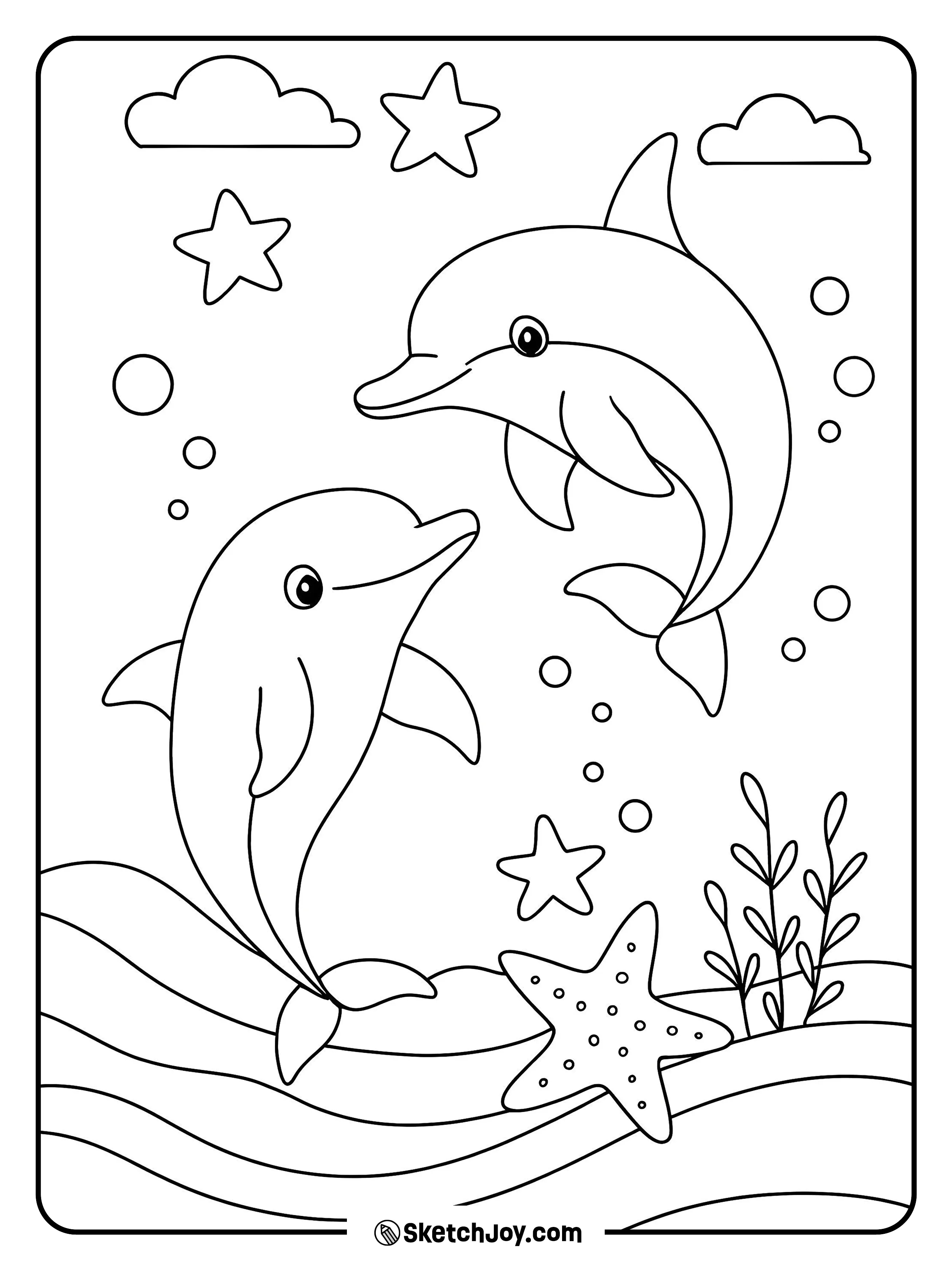 Two friendly dolphins swim above wavy sand with bubbles.
