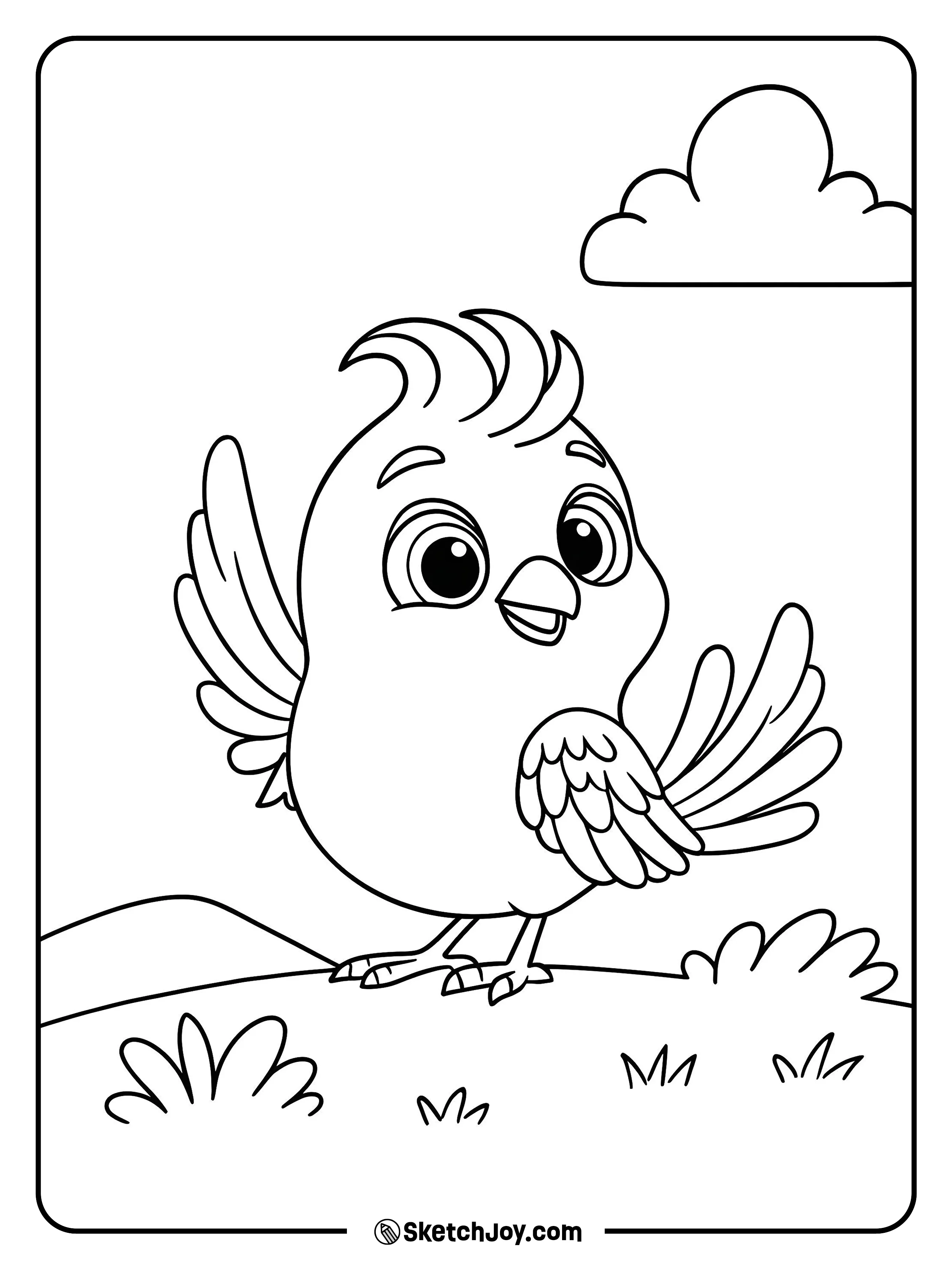 A round little bird stands on the grass under a small cloud.