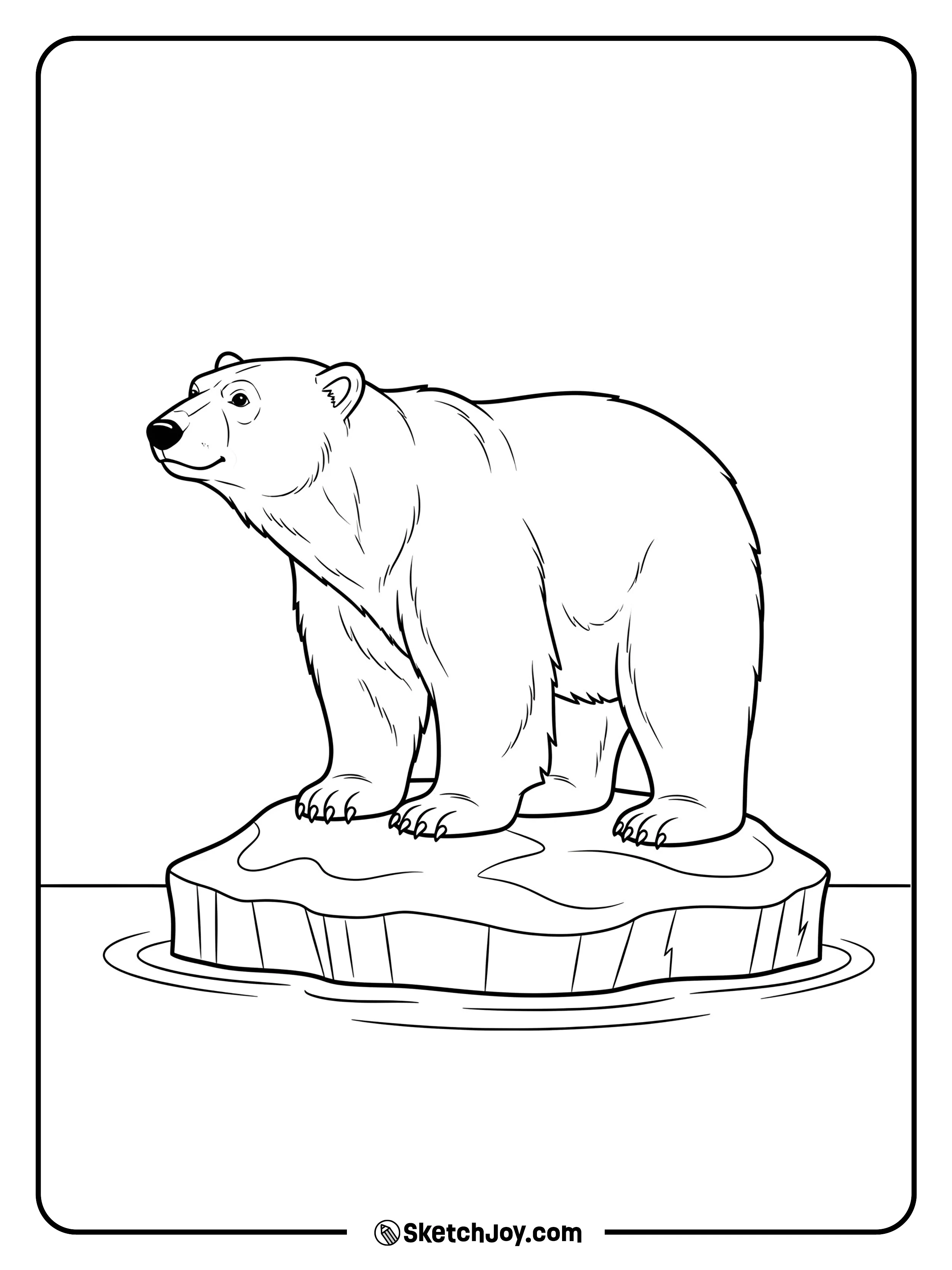 A polar bear stands steady on a chunky ice floe in quiet water.