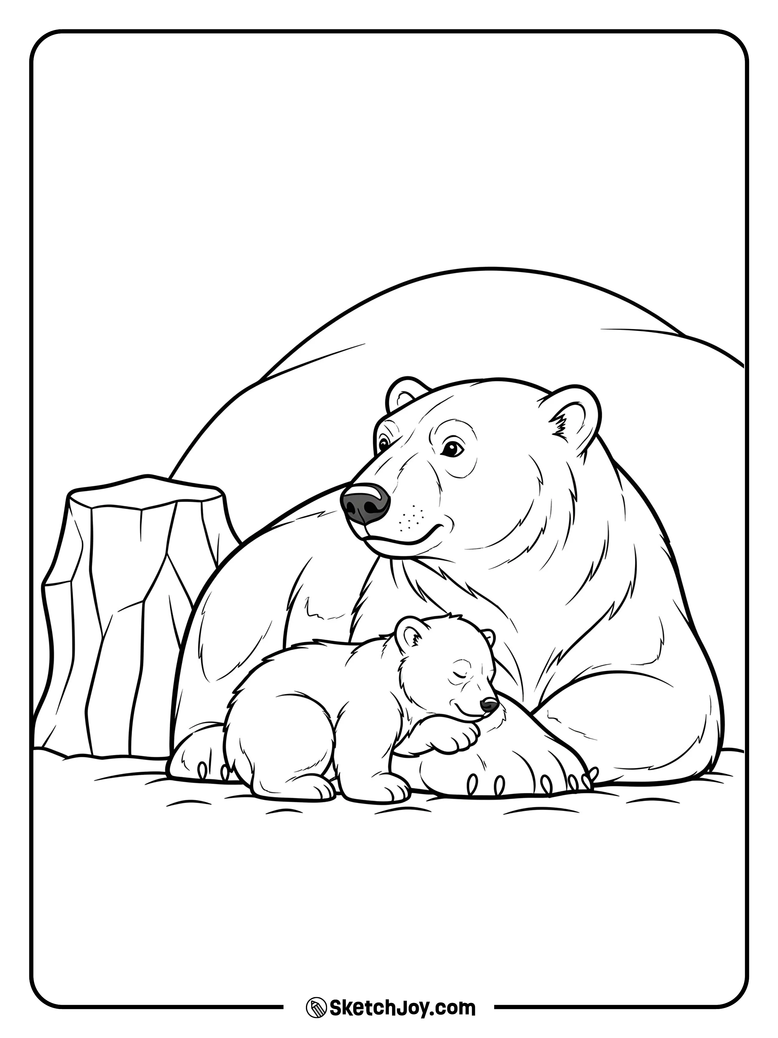 A polar cub nuzzles close to a parent on soft snow.