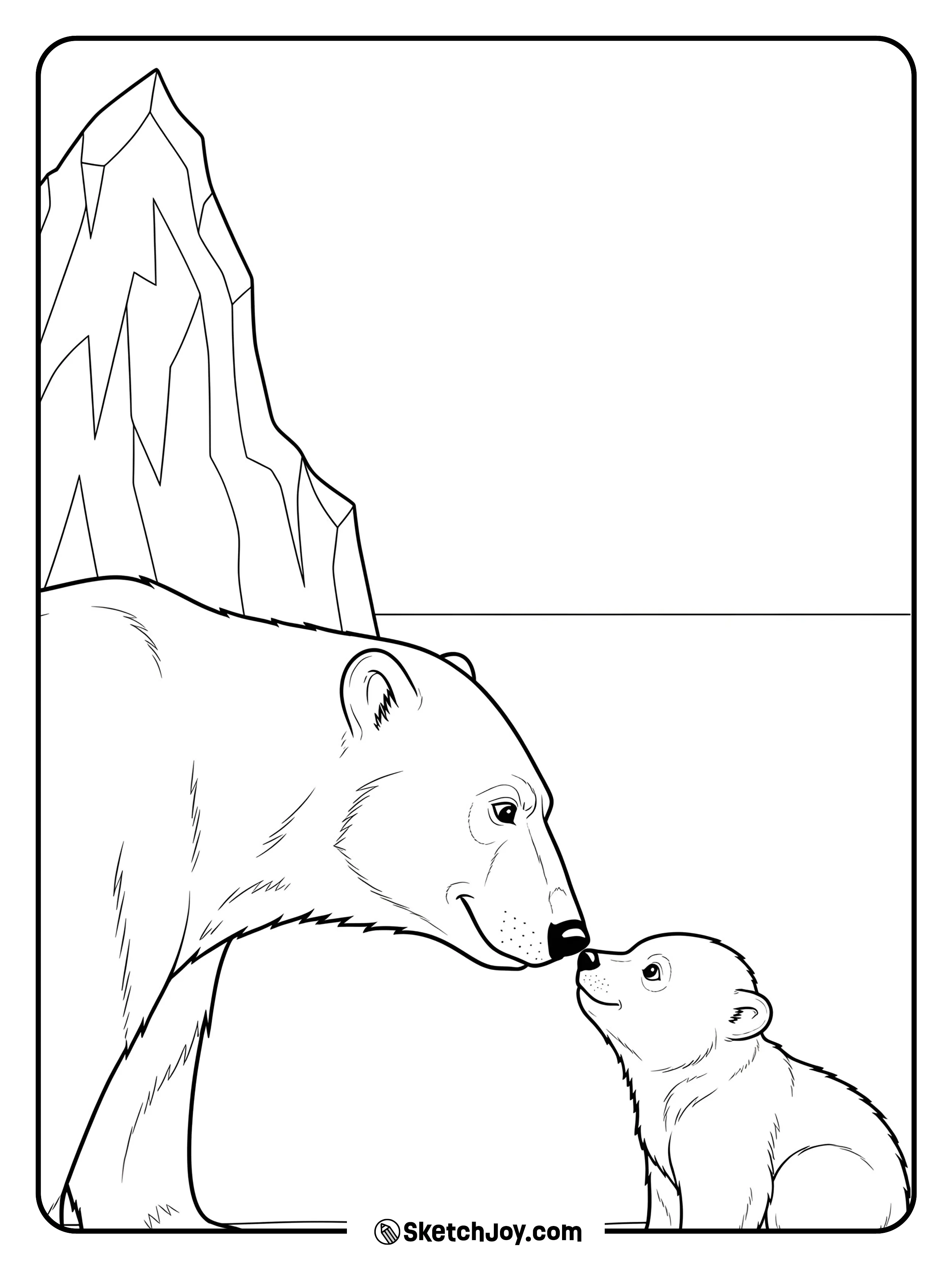 A polar parent gently touches noses with a curious cub.
