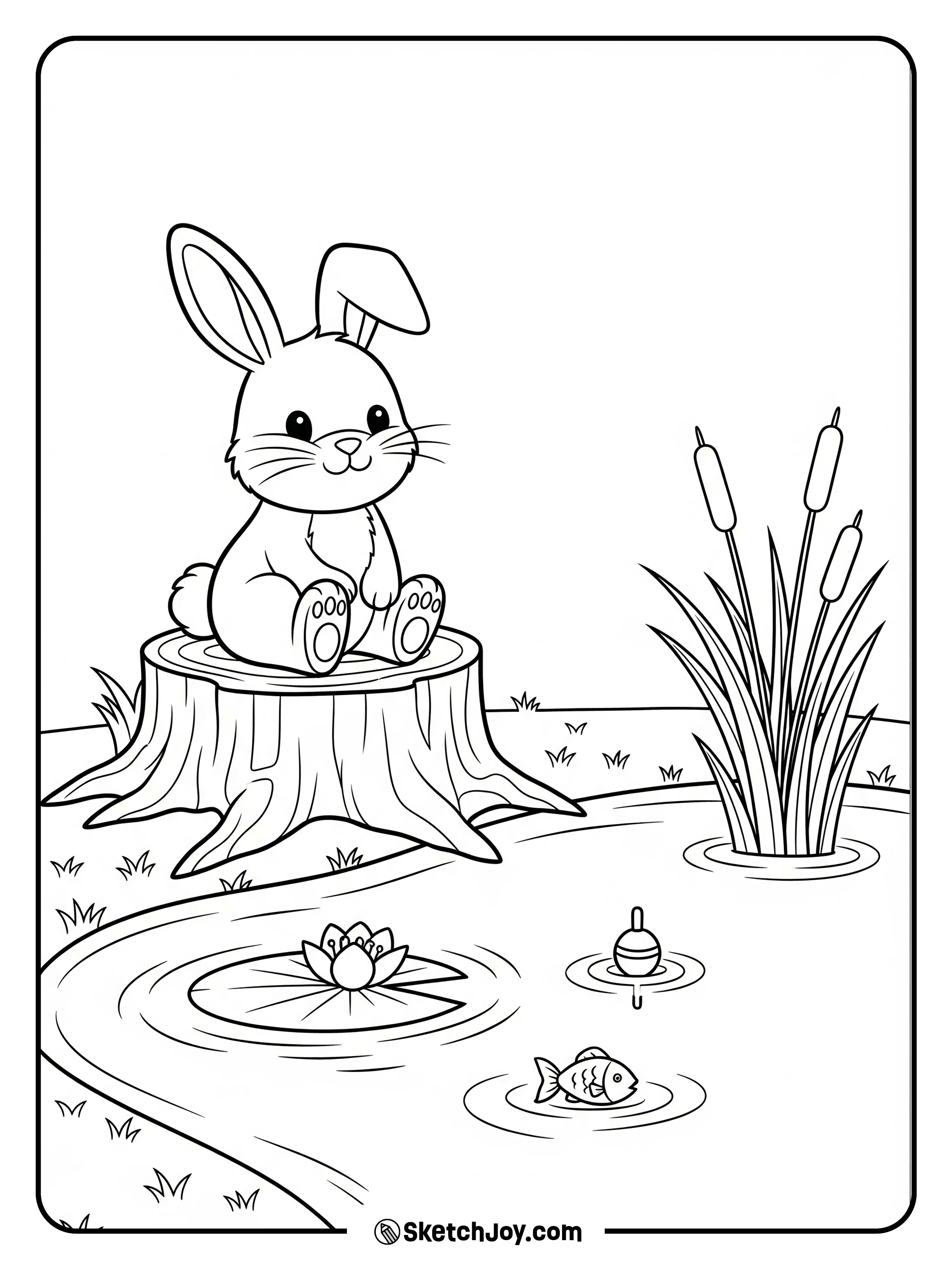 A bunny sits by a pond with a fishing rod and a bobber.
