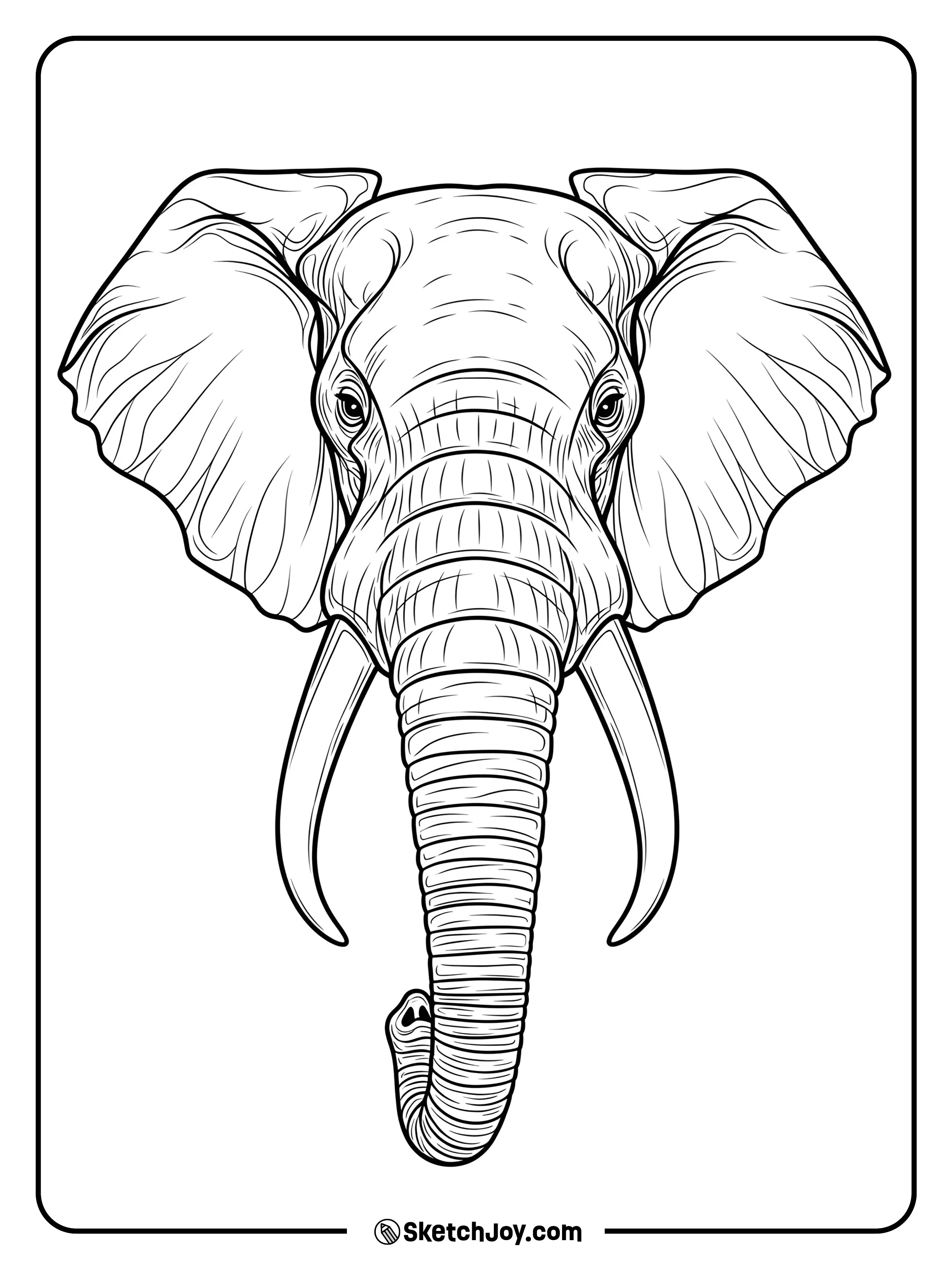 A head-and-shoulders portrait shows large ears, curved tusks, and textured wrinkles.
