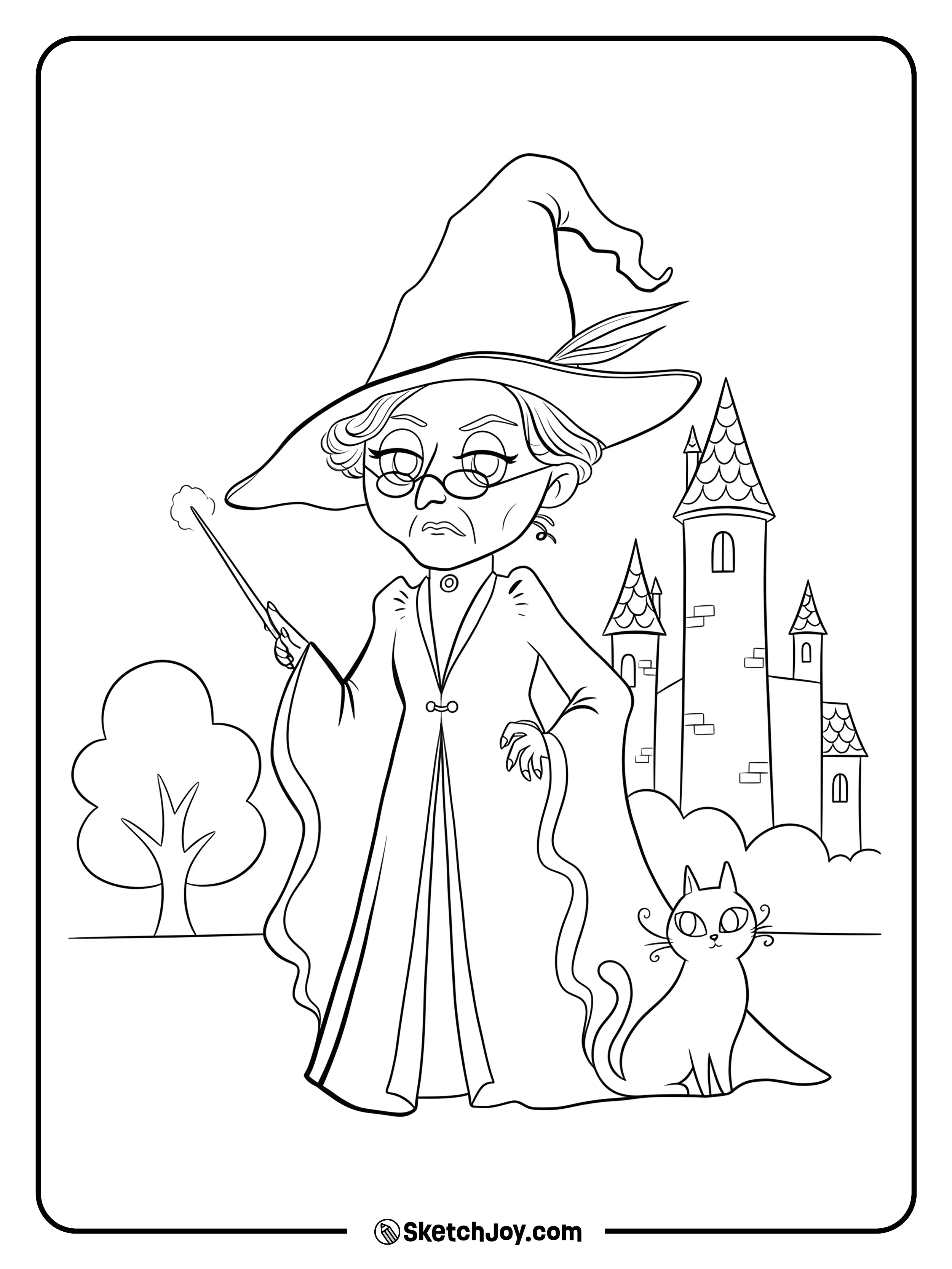 McGonagall stands with her wand raised while a small cat sits by her robe.