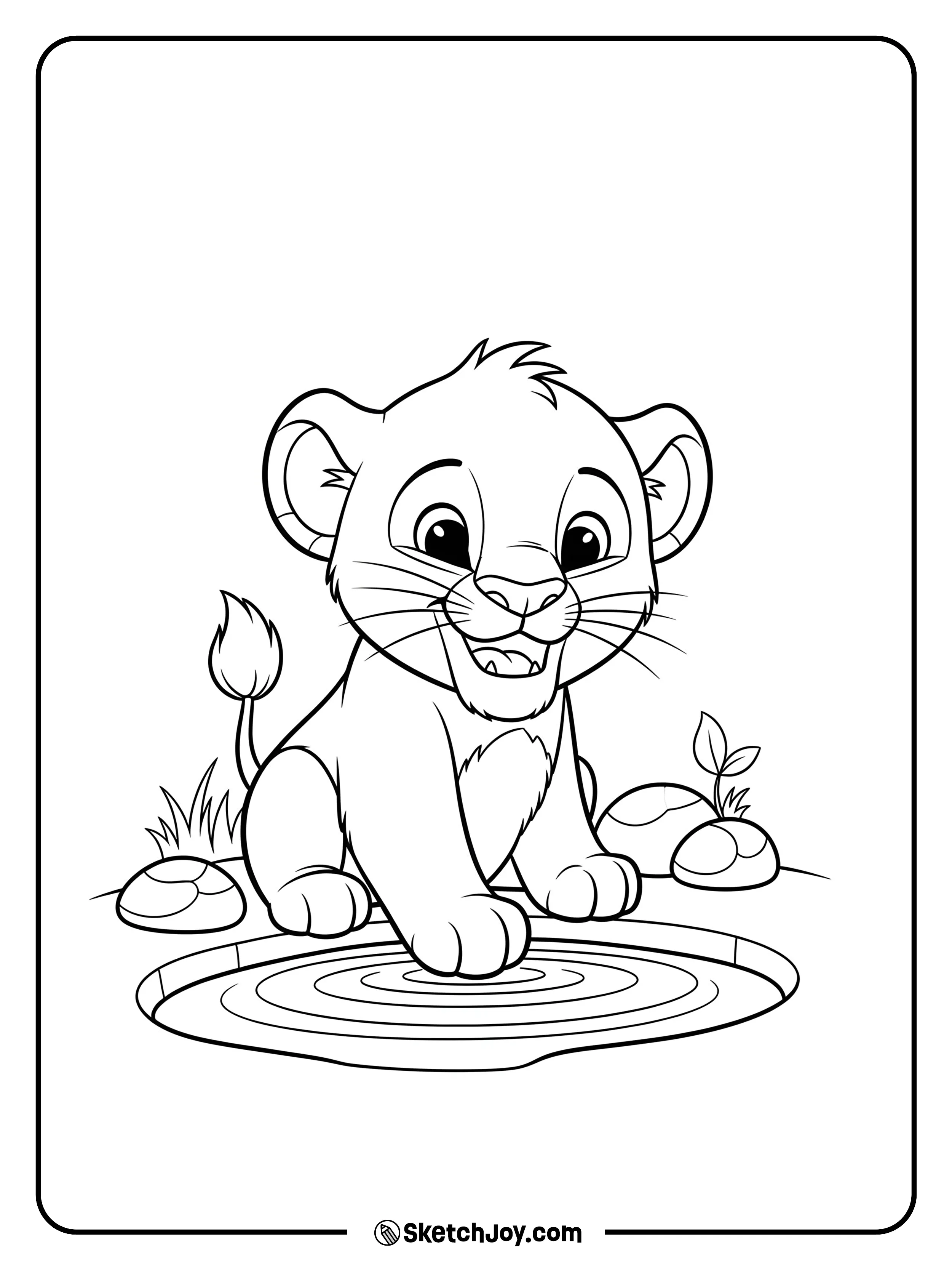 A curious cub pats a puddle and watches the rings spread.