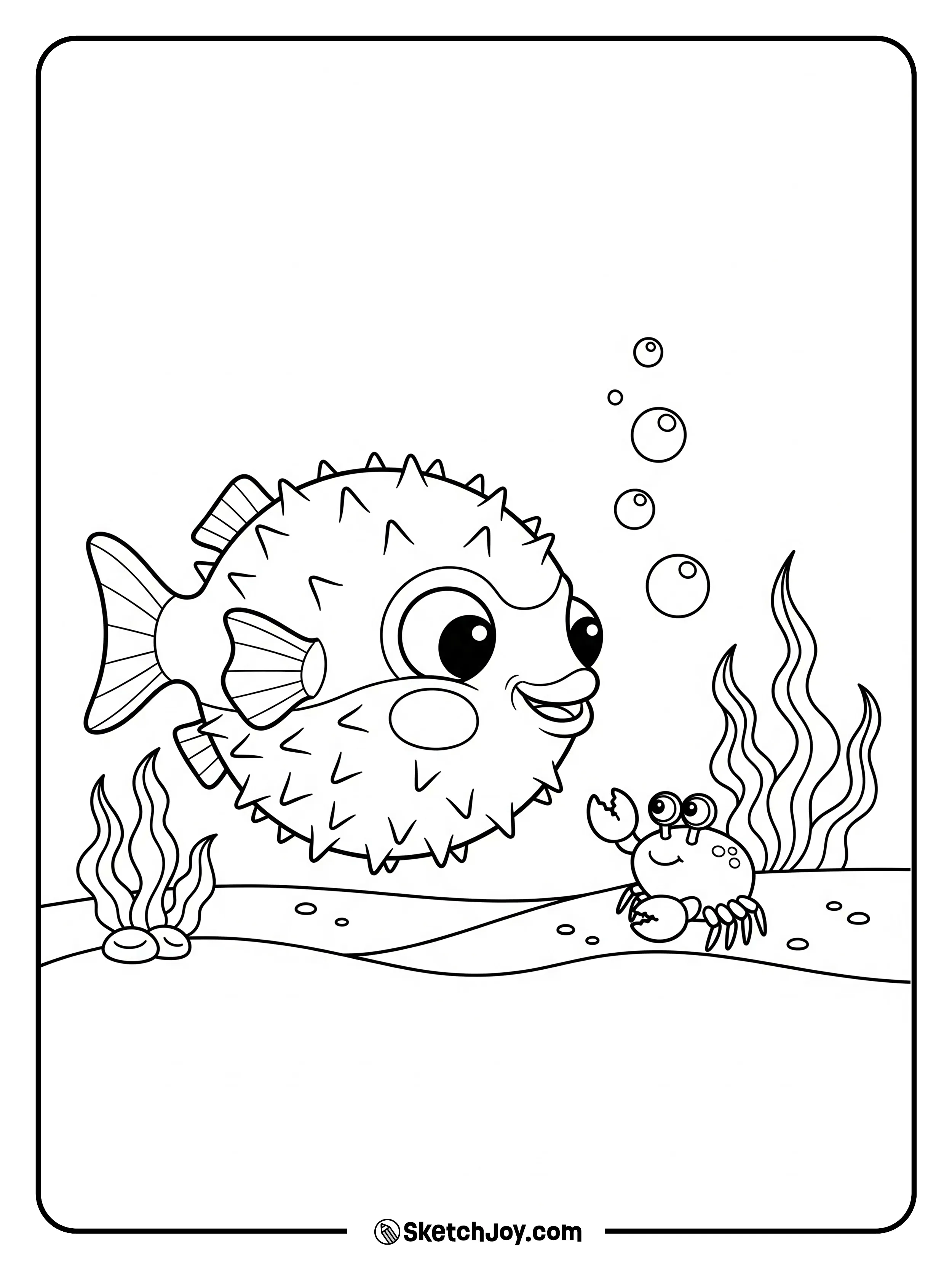 A pufferfish meets a small crab on sand