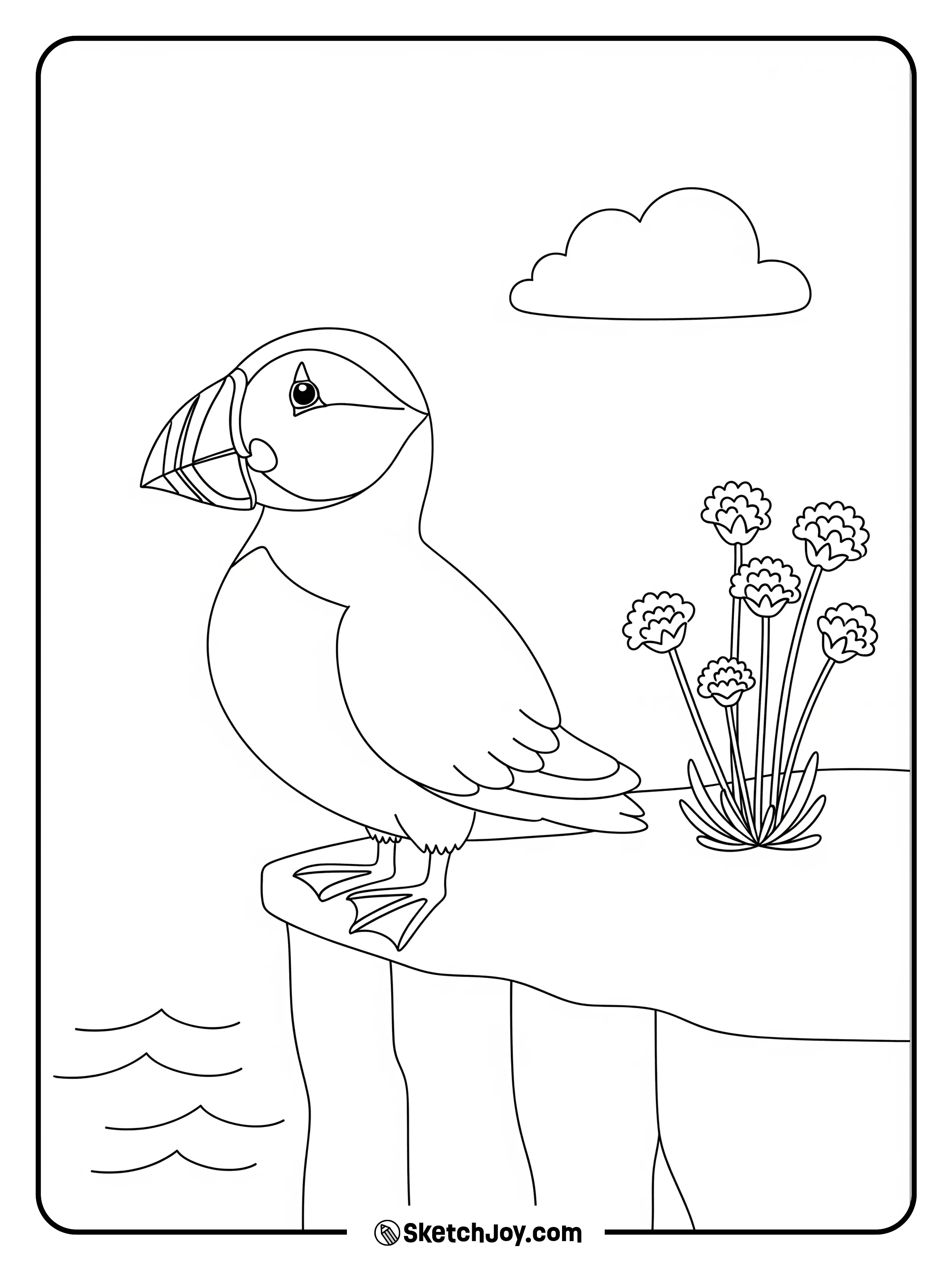 A puffin stands near the waves.