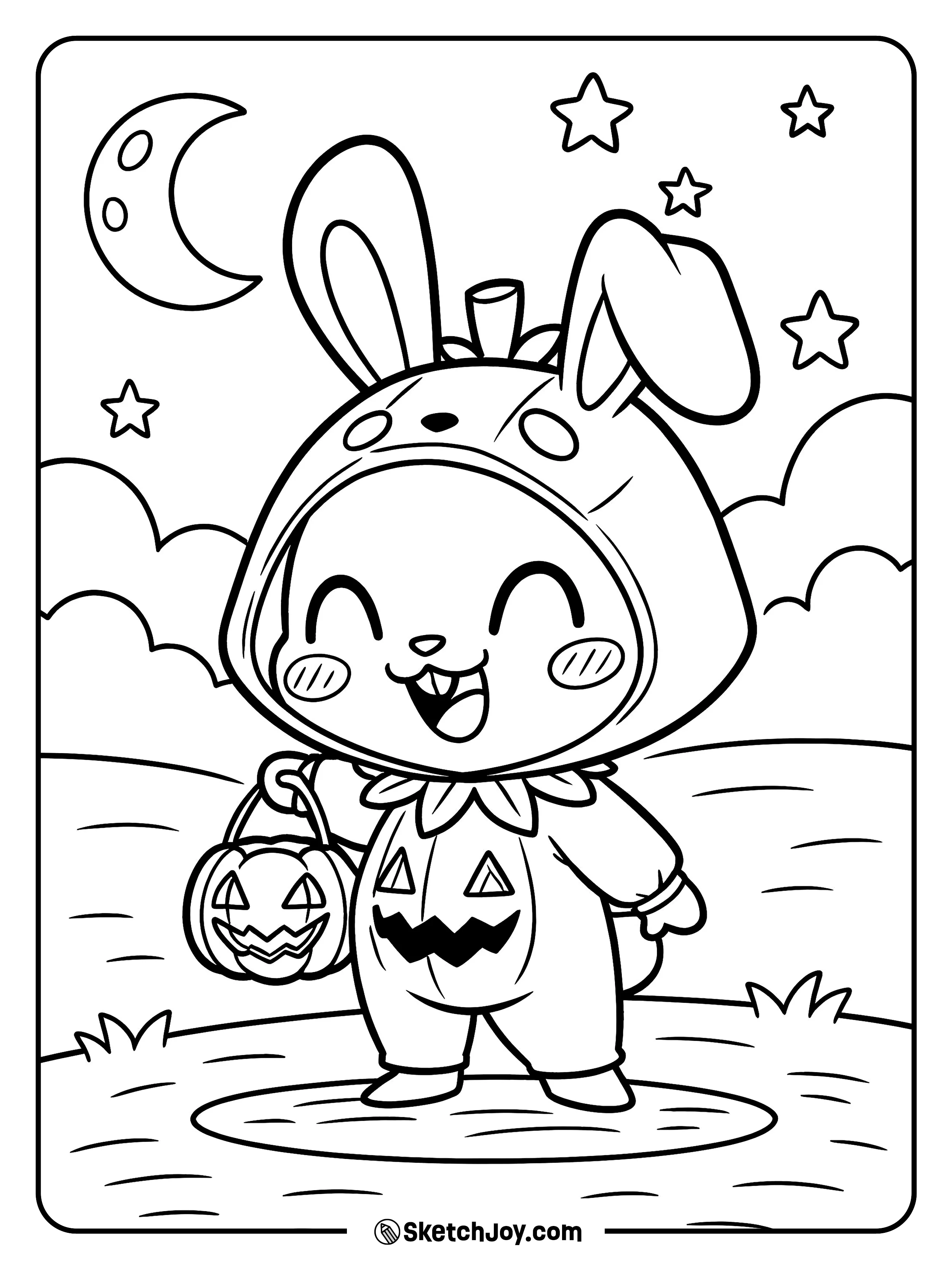 A cheerful bunny in a pumpkin suit holds a jack-o-lantern bucket under the moon and stars.