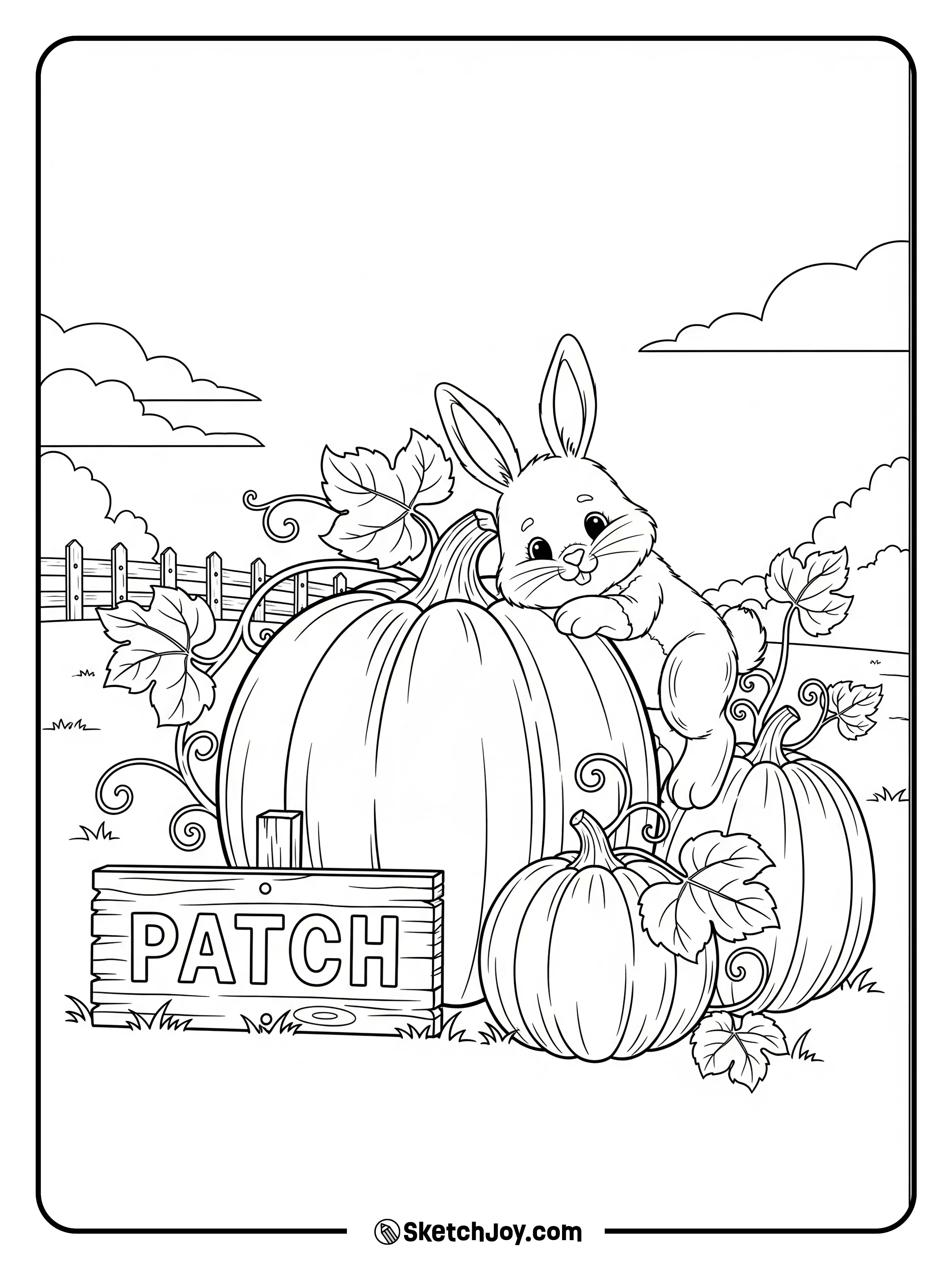 A bunny rests on a big pumpkin with vines.