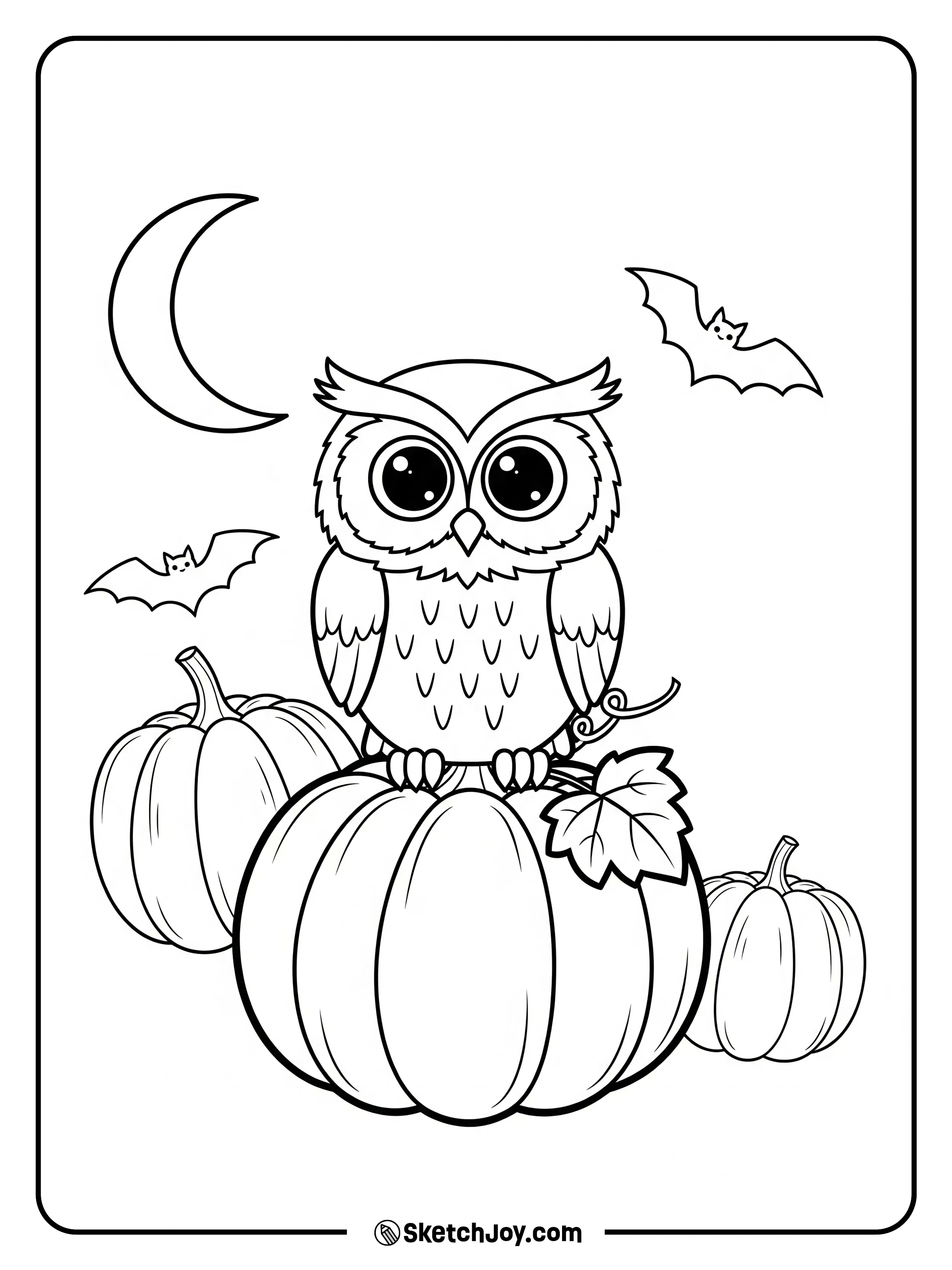 An owl sits on a pumpkin in a quiet field at night.