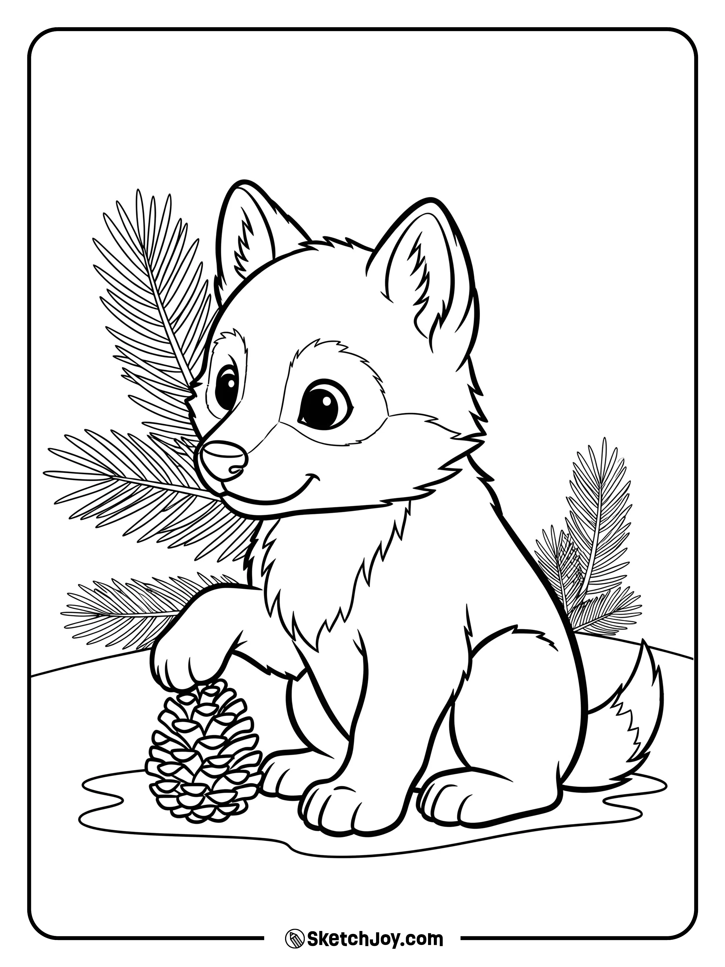 A pup bats at a pinecone with one paw. Pine needles scatter around.