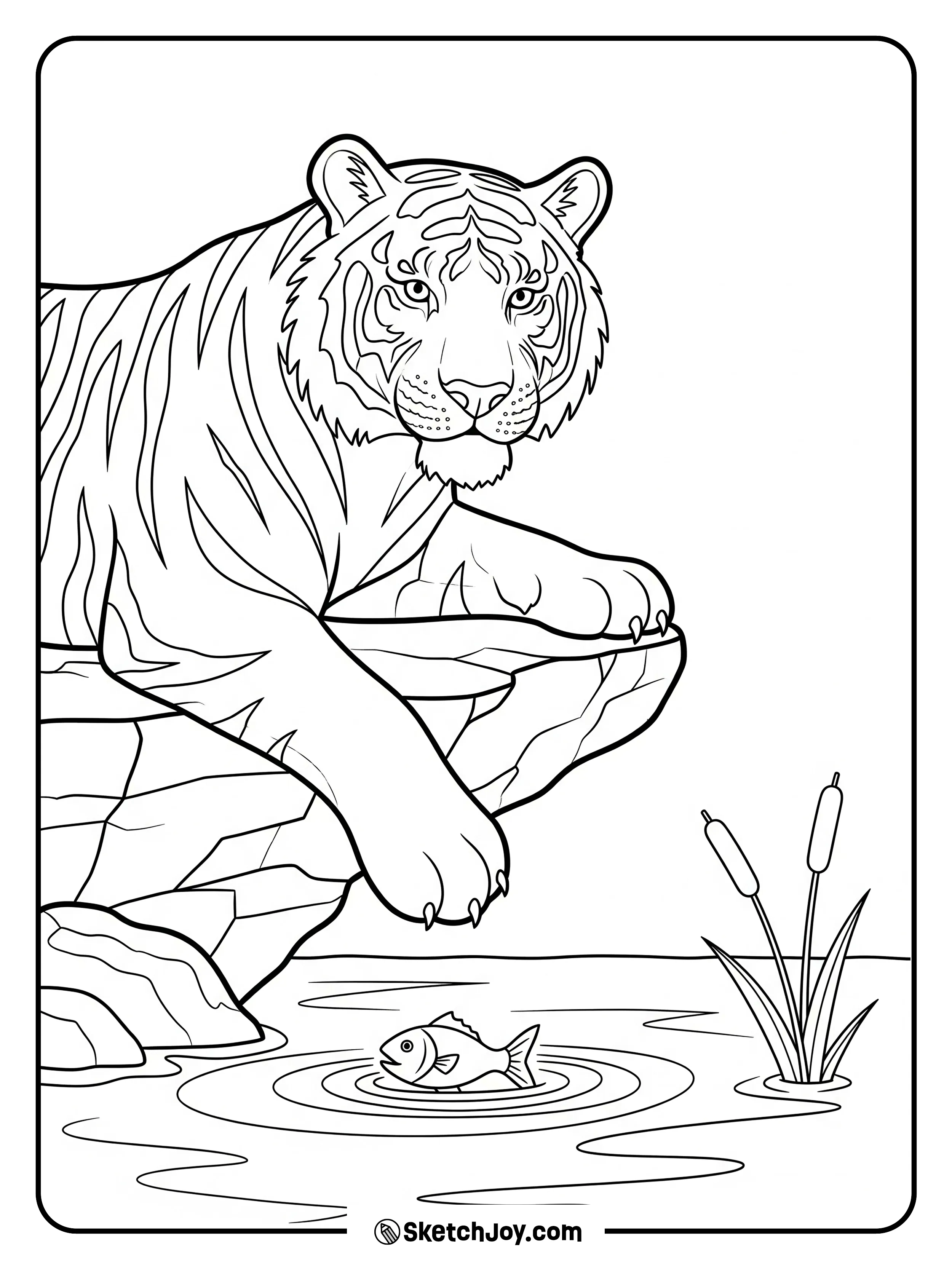 A tiger reaches toward a fish near the surface.