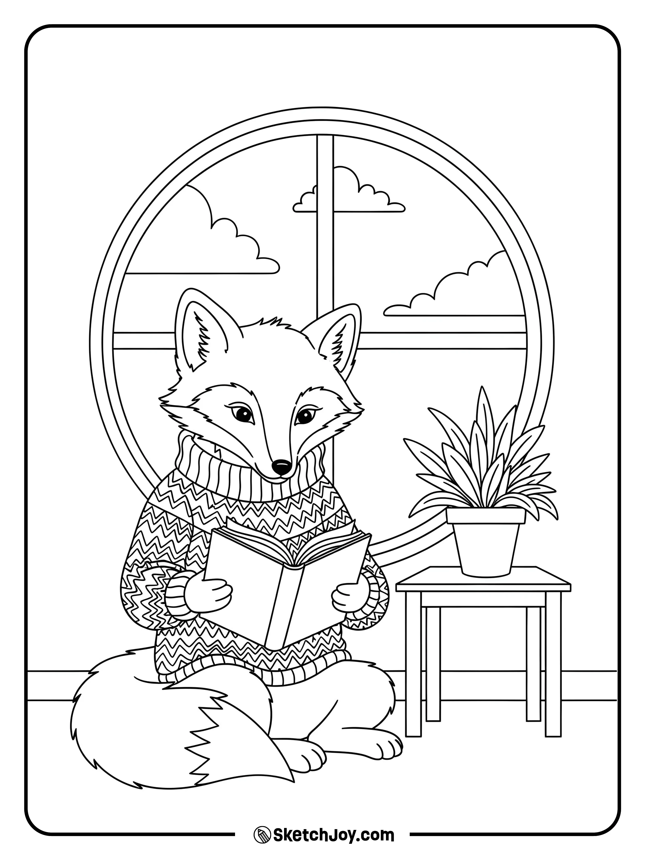 A fox sits with an open book beside a round window and a potted plant.