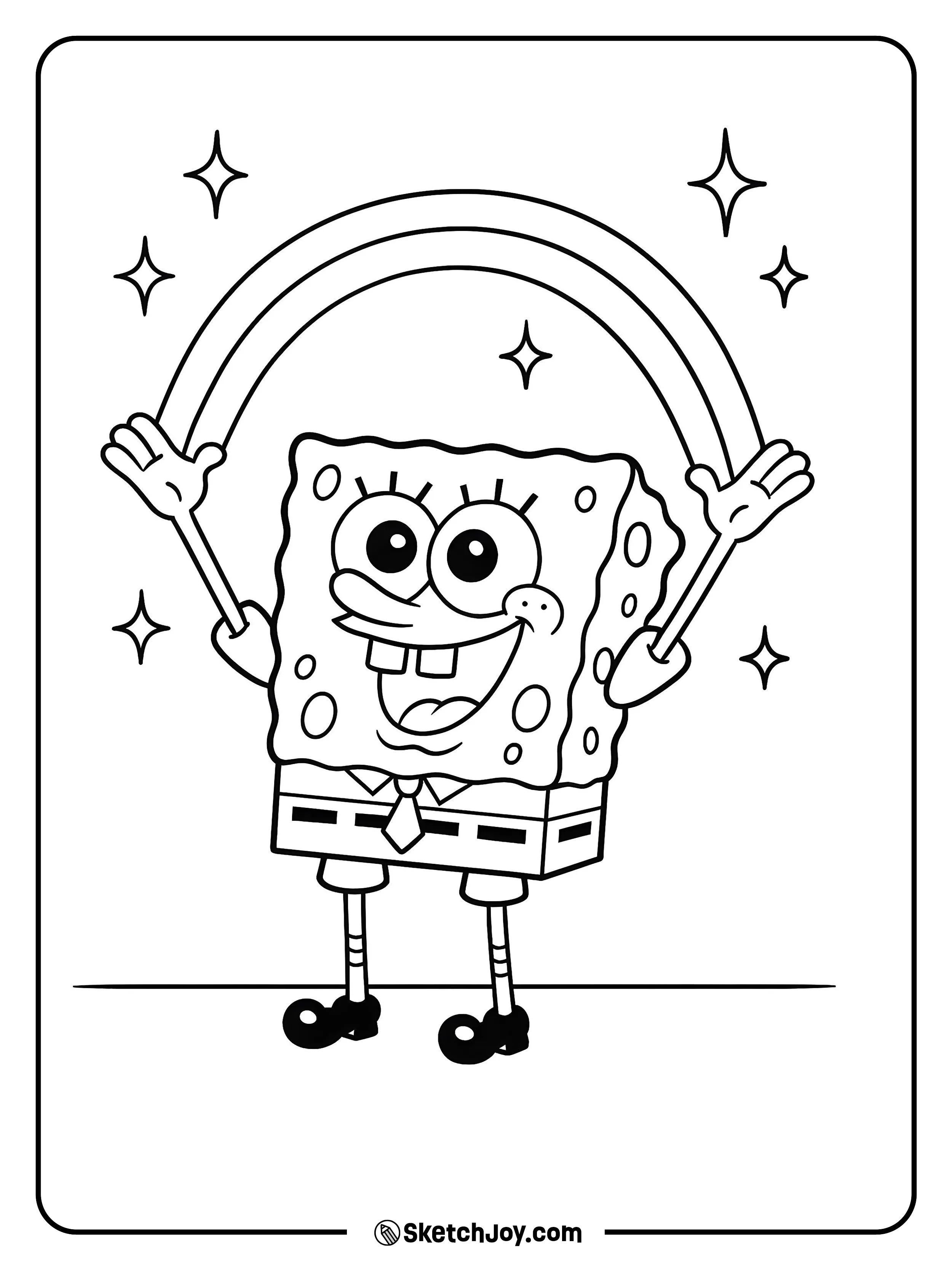 SpongeBob raises his hands and a curved rainbow shape appears above.