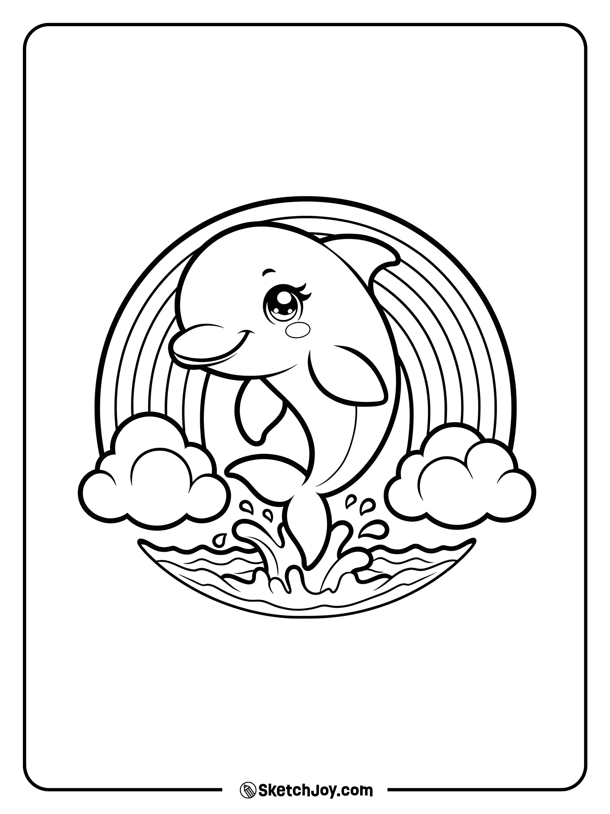 A cute dolphin leaps from a splash inside a round frame with a rainbow.