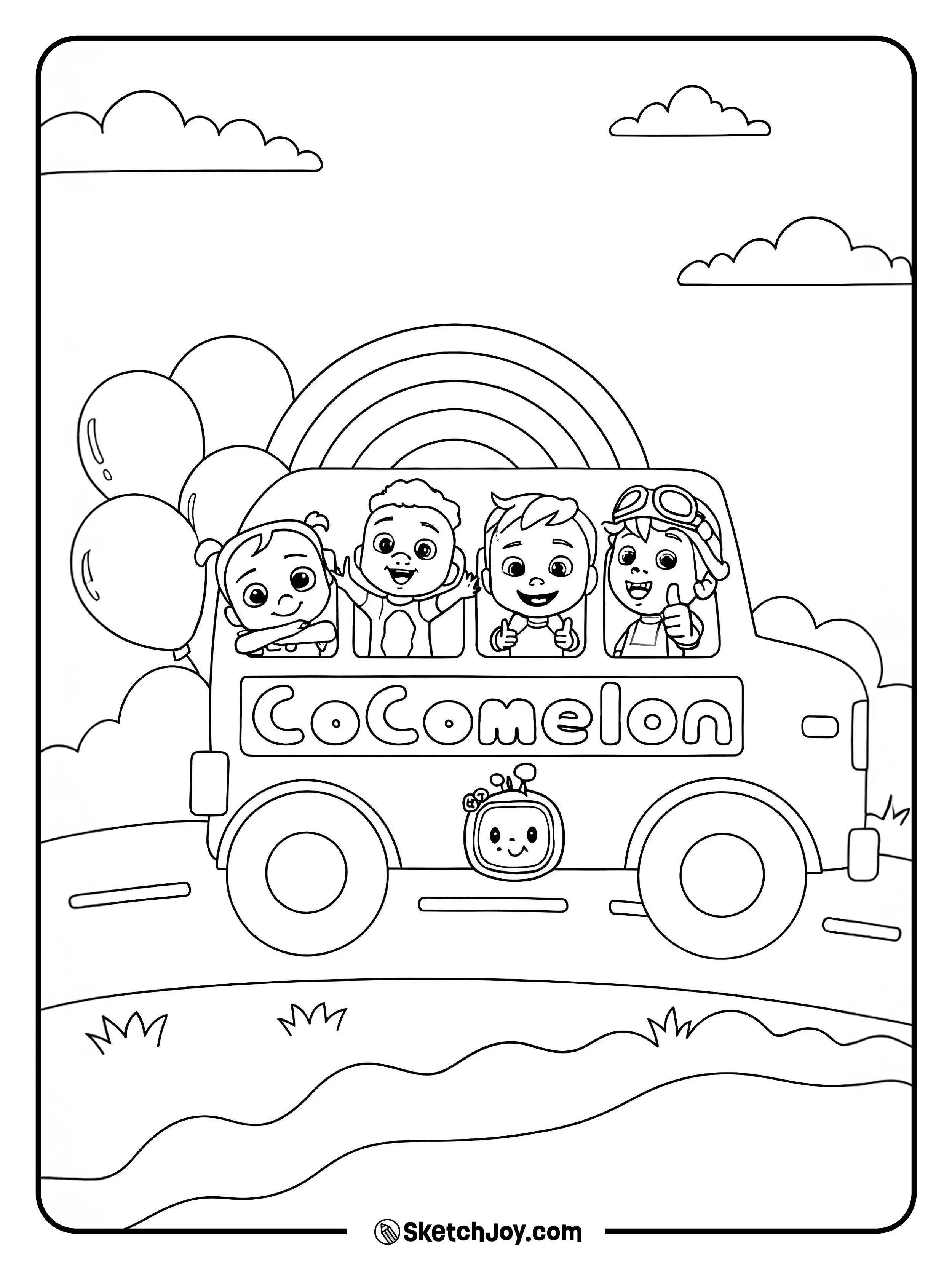 YoYo, JJ, Cody, and TomTom ride a happy bus past a bright rainbow.
