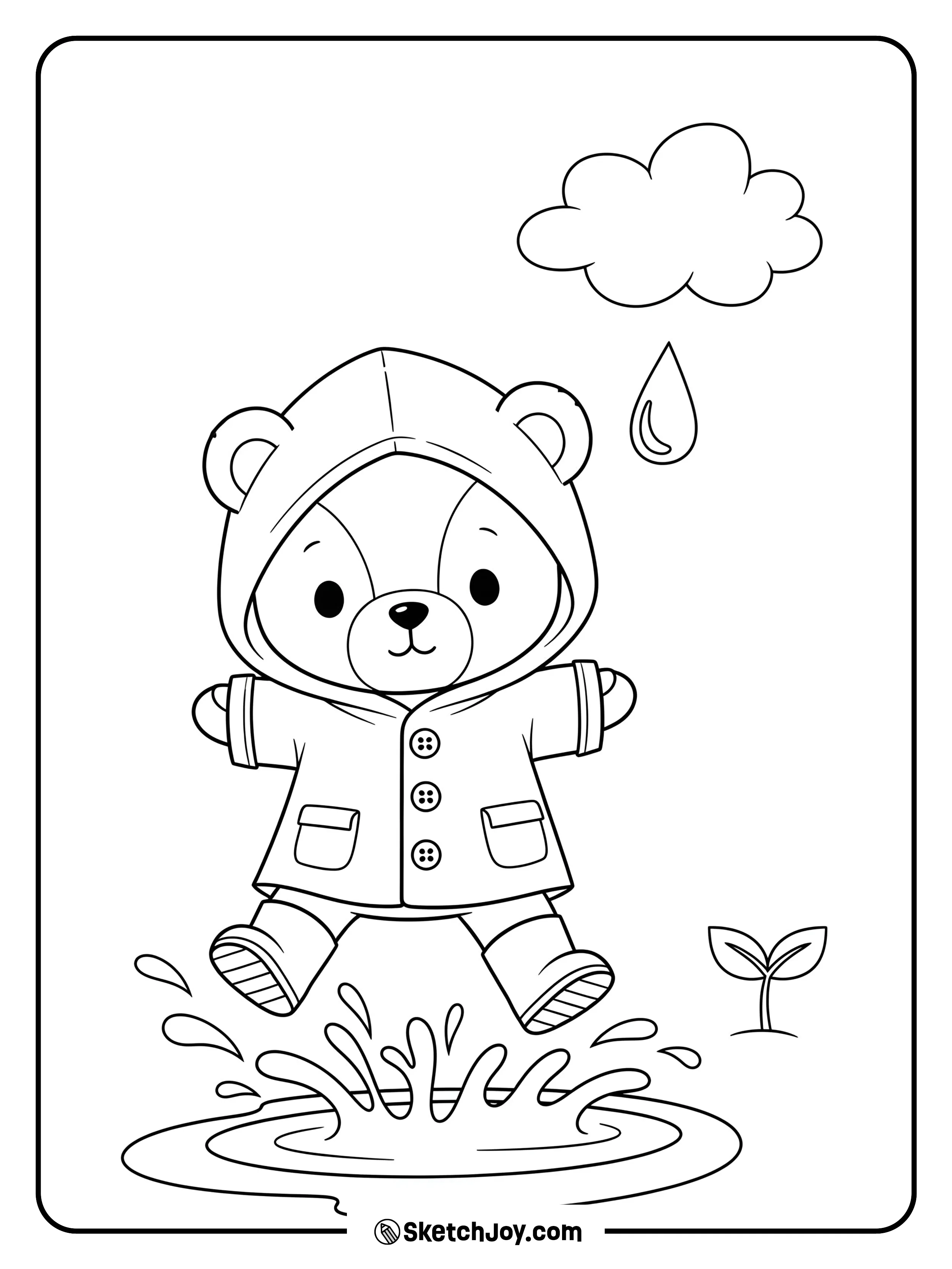 A kawaii bear in a raincoat splashes a small puddle under one cloud.