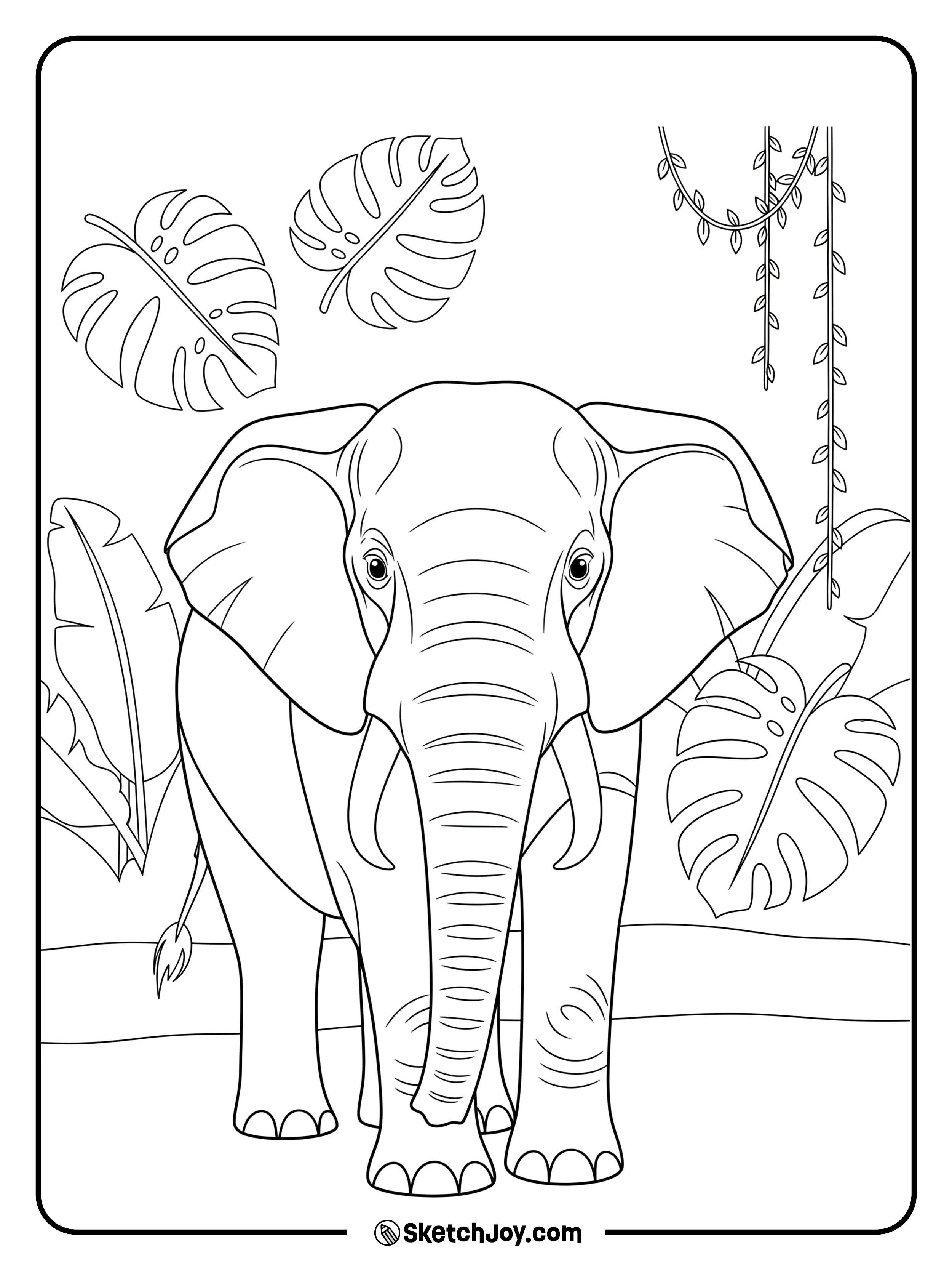 An elephant stands among big leaves and a liana.