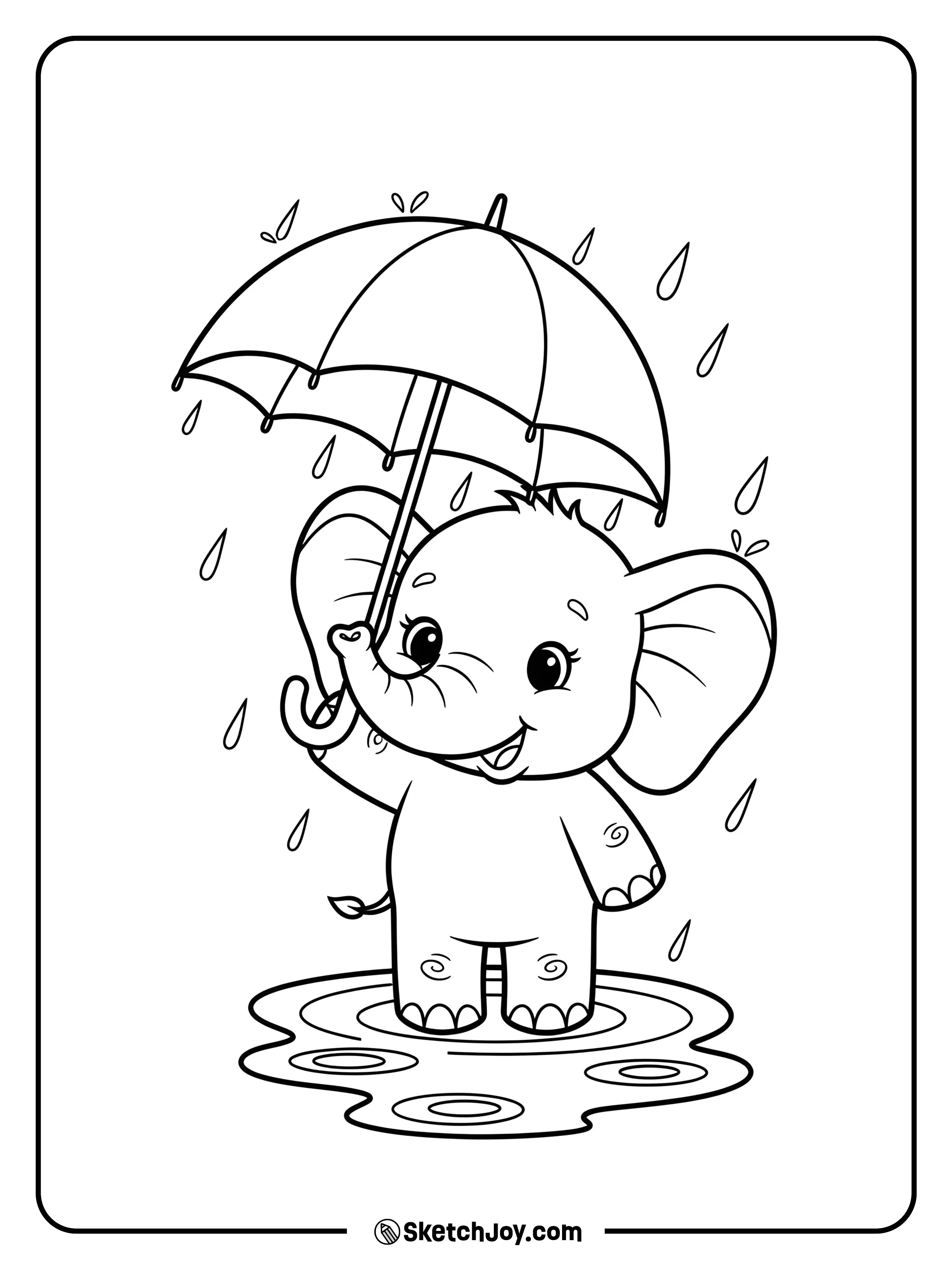 An elephant holds an umbrella while light rain falls.