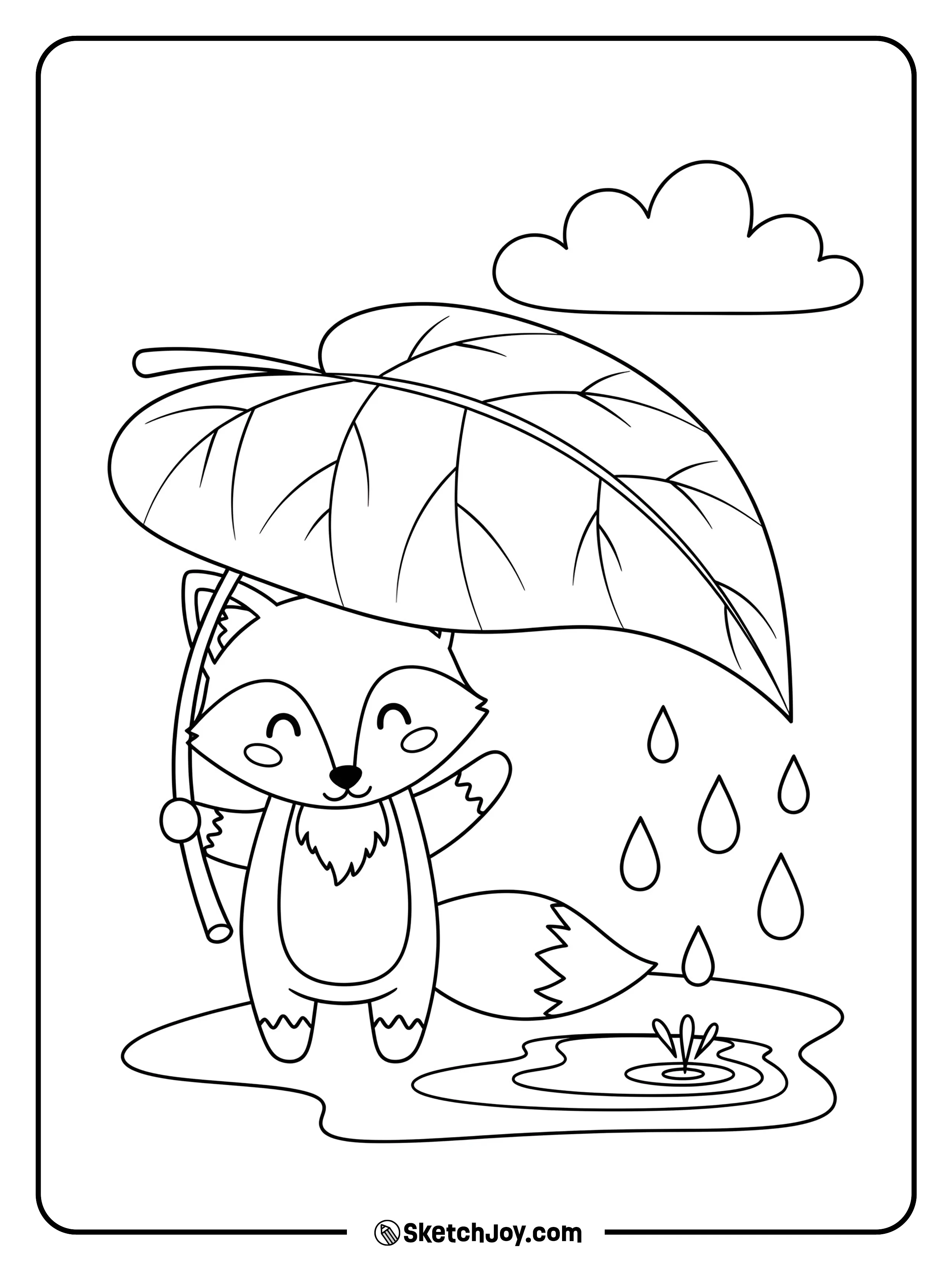 A fox holds a giant leaf over its head while fat raindrops fall.