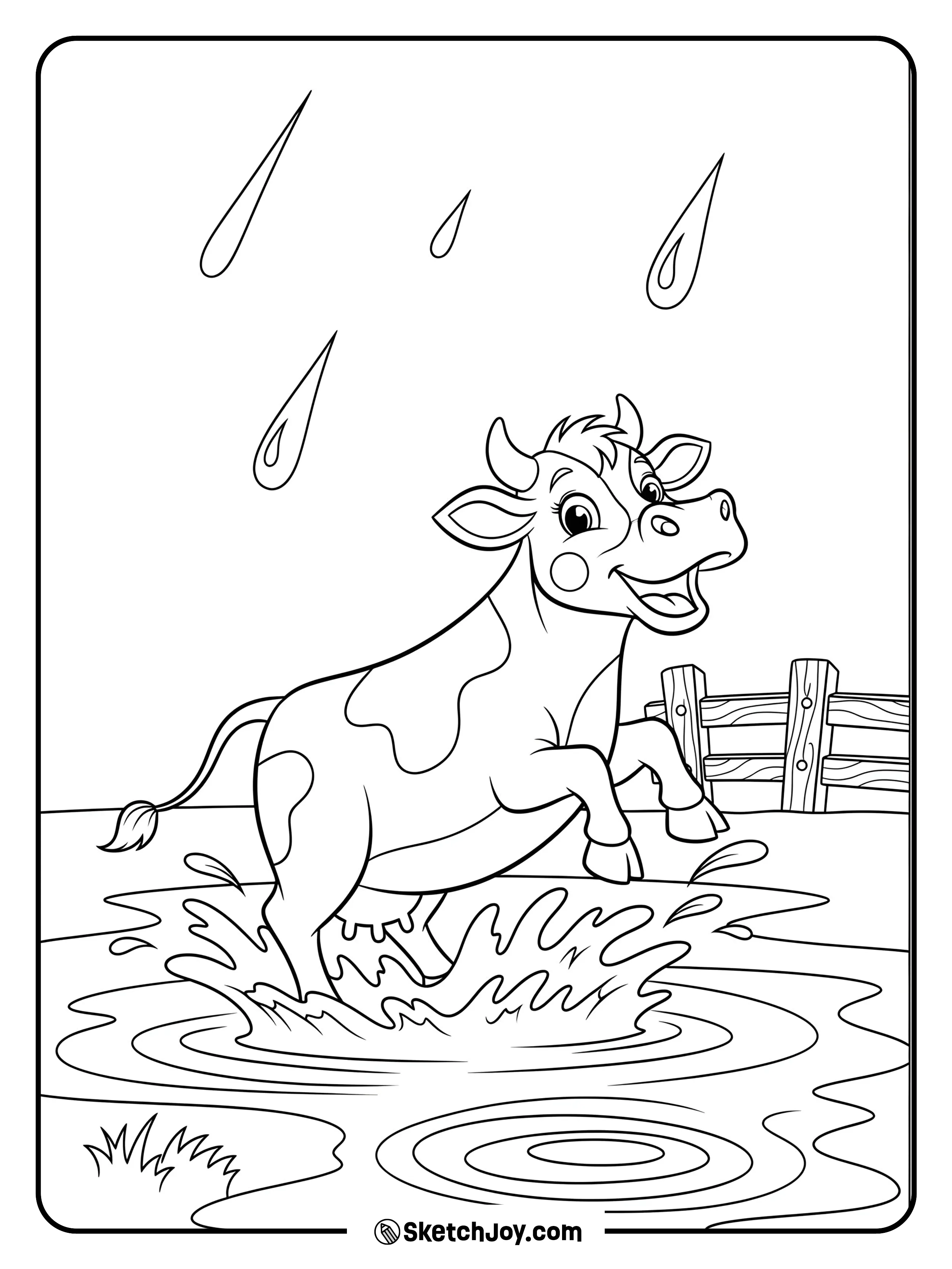 A playful cow splashes a puddle while light rain falls.