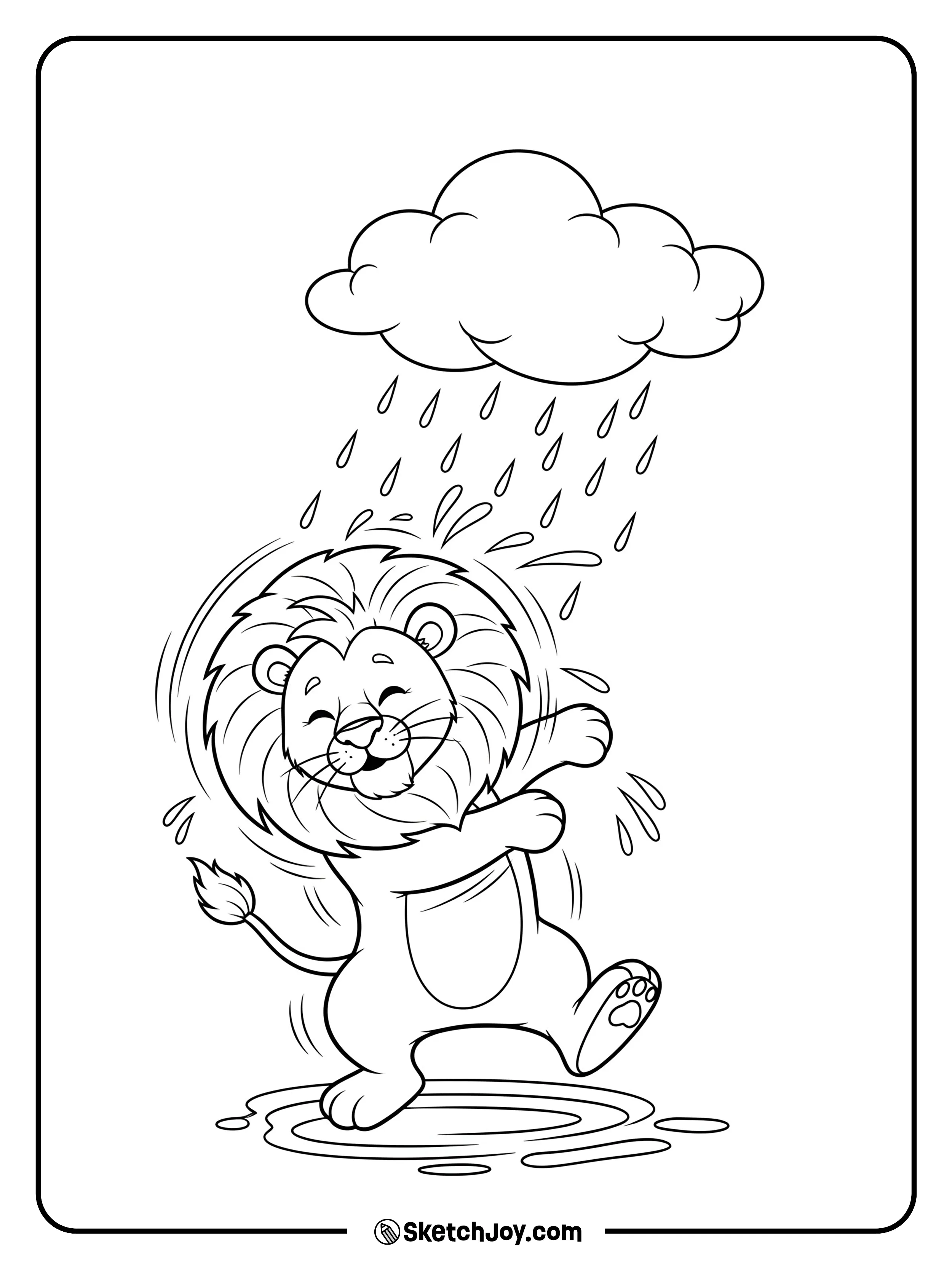 A soaked lion shakes water off as light rain falls from a simple cloud.