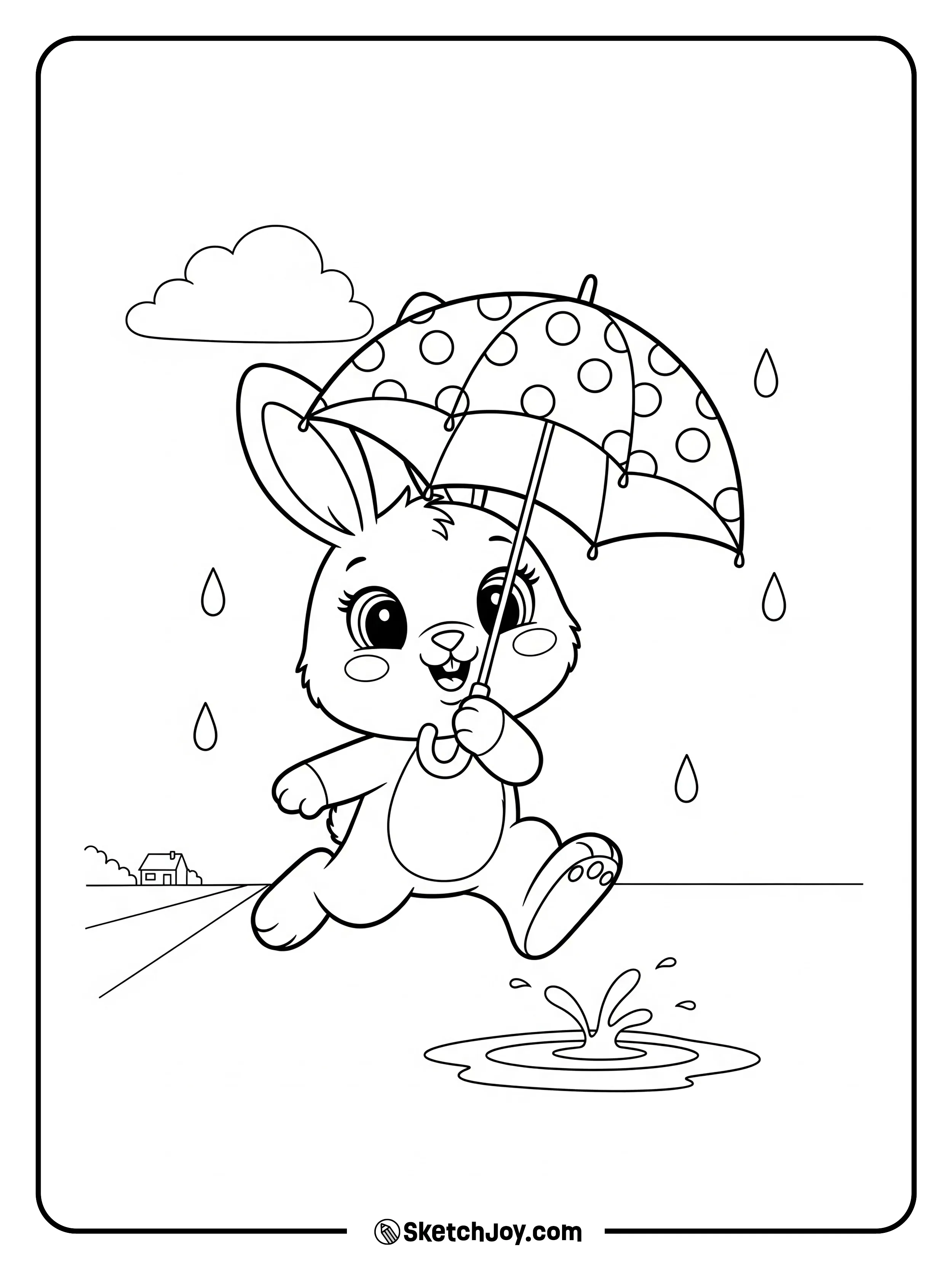 A bunny holds an umbrella and jumps over a puddle.