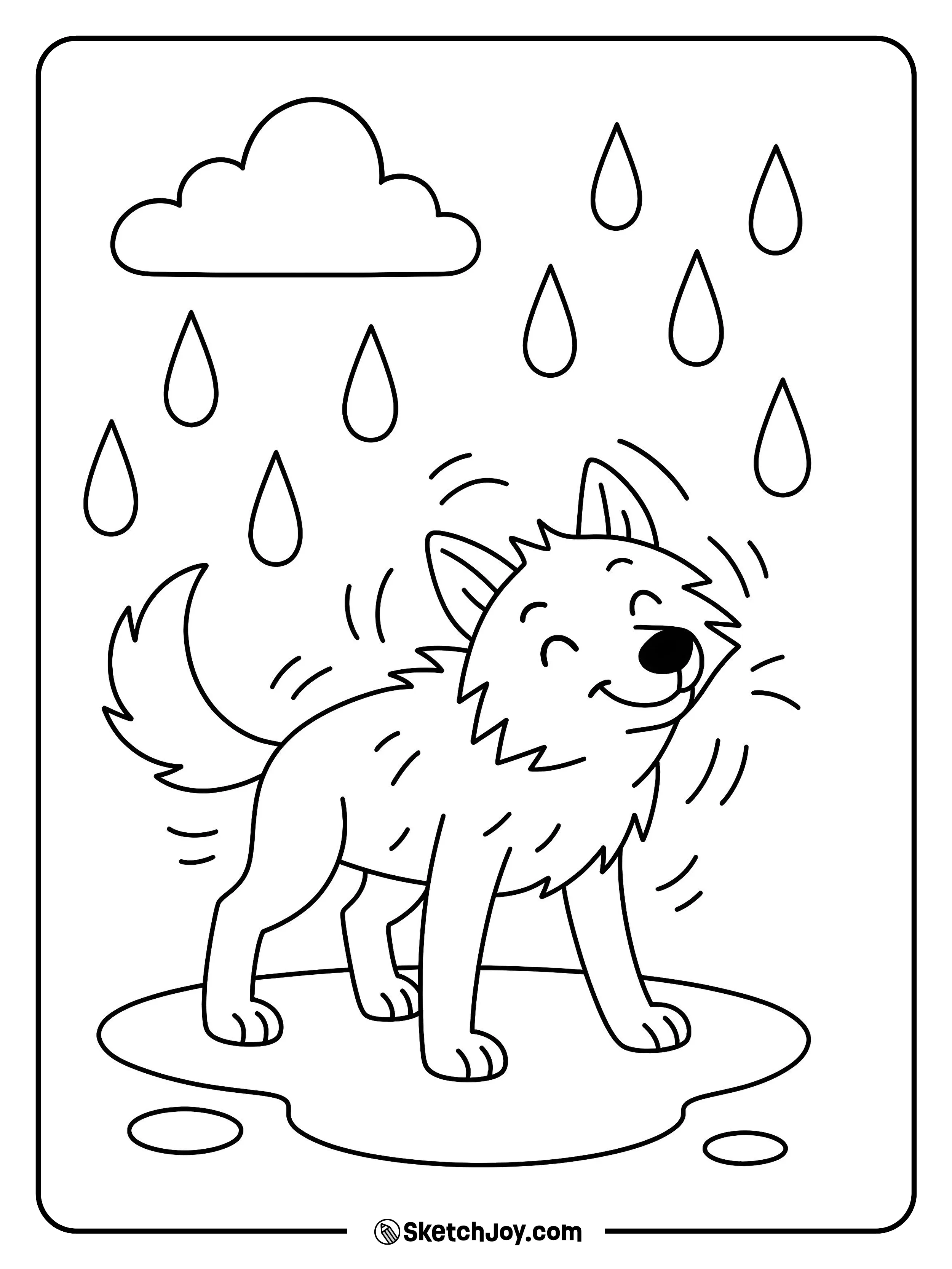A damp wolf shakes under a cloud.